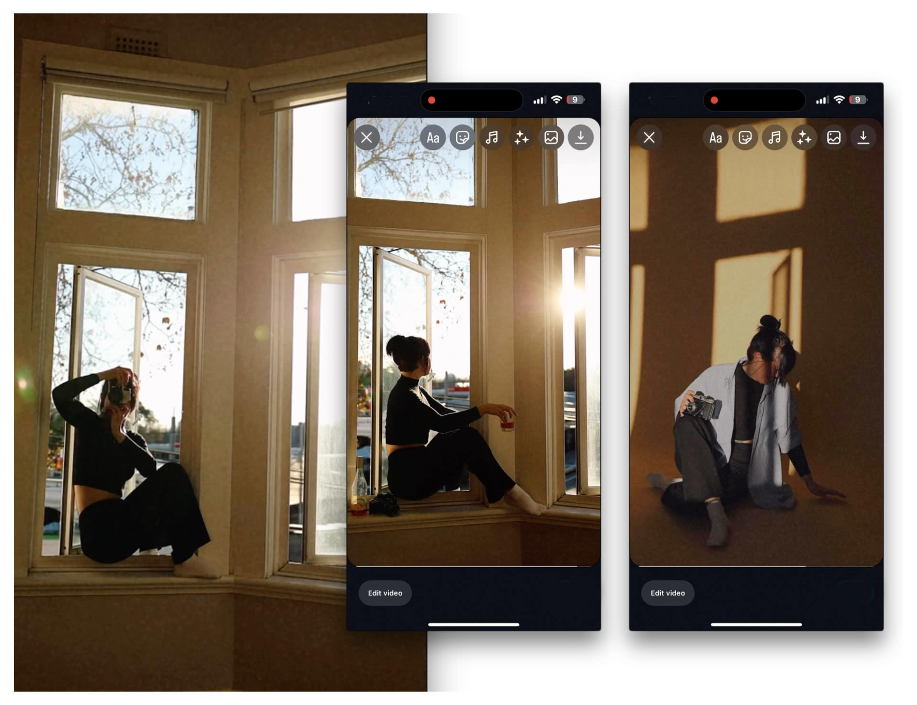 Two scenes of a person sitting in a sunlit window nook, with a focus on natural light filtering through the glass.