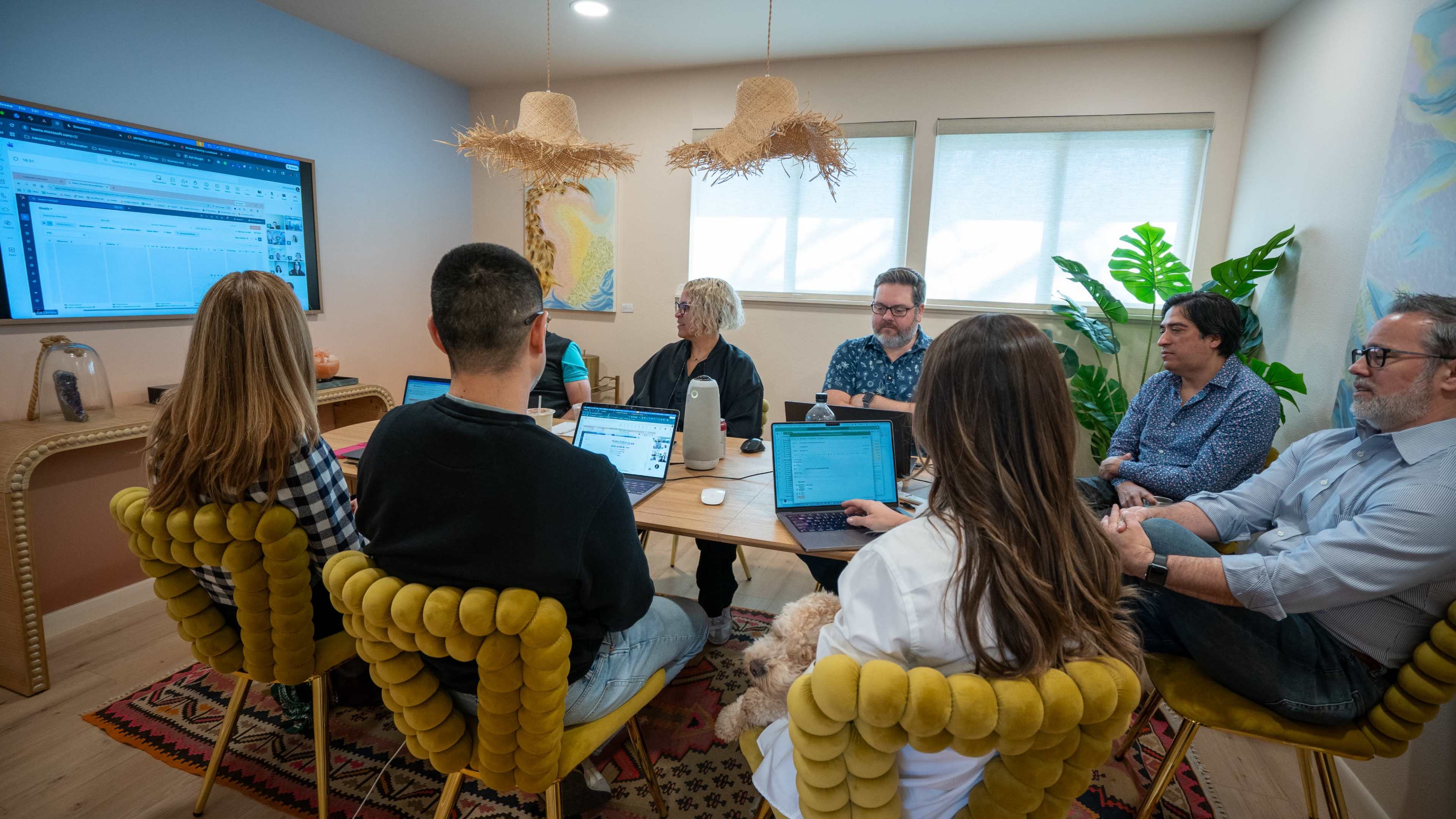 A group of people sits around a wooden table with laptops, engaged in a discussion in a brightly lit room with plants and decorative lighting.