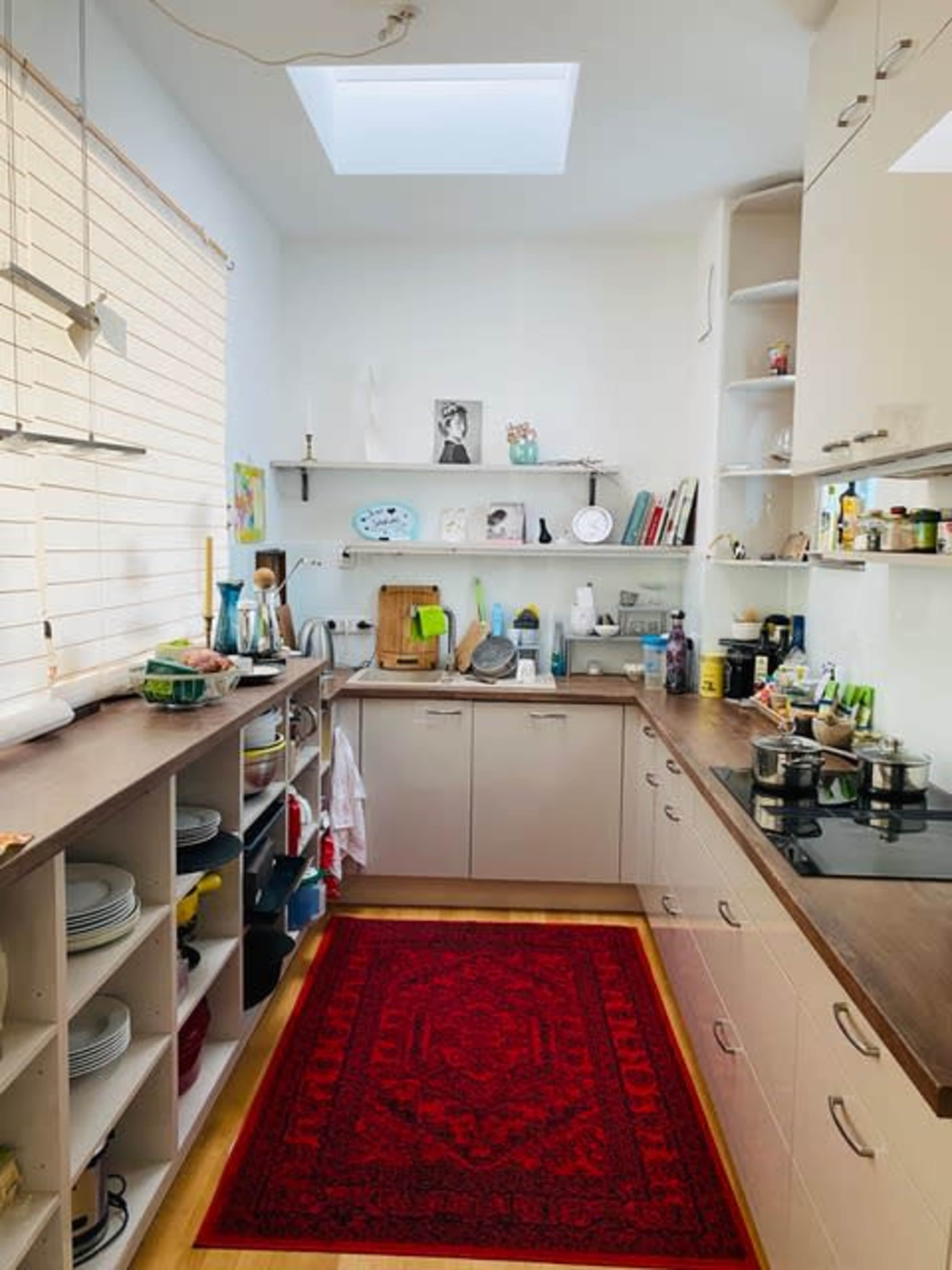 The kitchen features modern cabinetry, a skylight, and a red rug on the wooden floor, with dishes and cooking utensils organized on shelves and countertops.