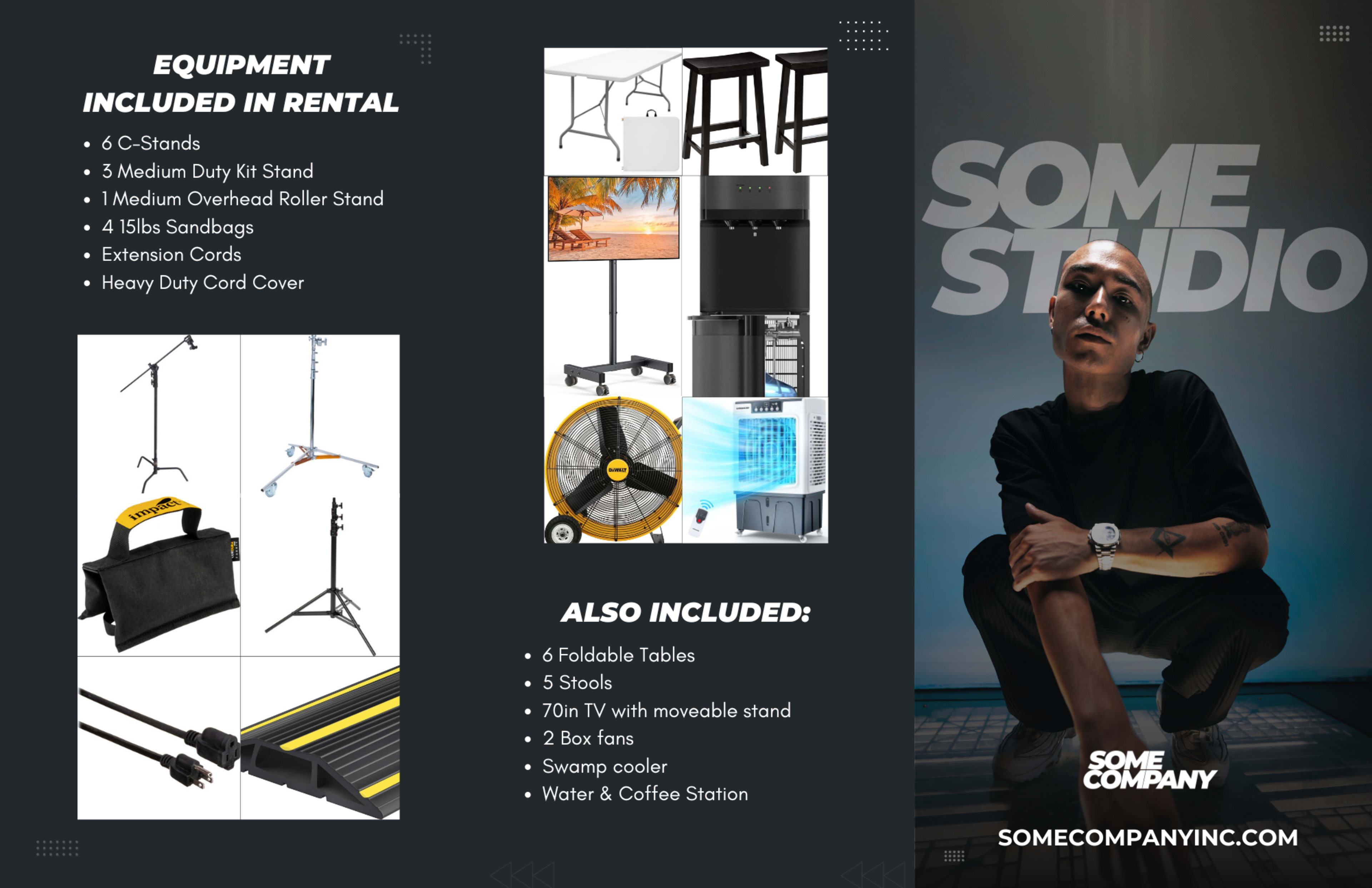 The image showcases a rental equipment flyer featuring a list of items included, such as C-stands, sandbags, a fan, and various furniture, alongside a stylish photo of a person in a studio setting.