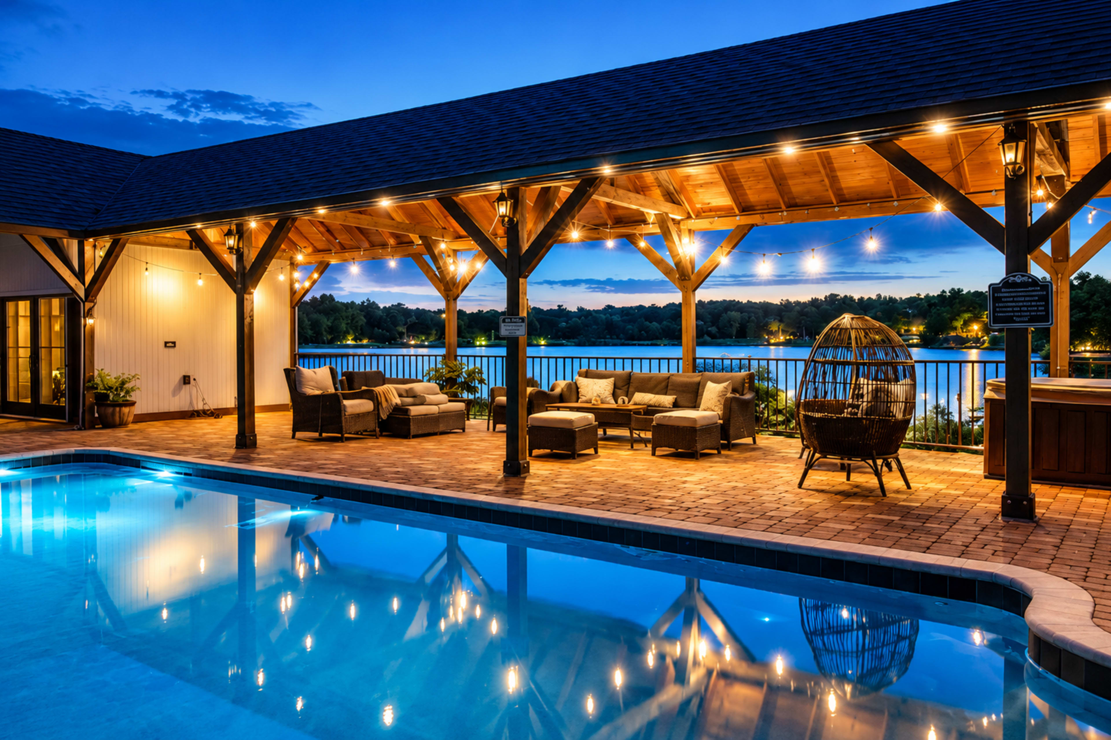The image shows a patio area with seating and a pool, illuminated by string lights, overlooking a body of water at dusk.