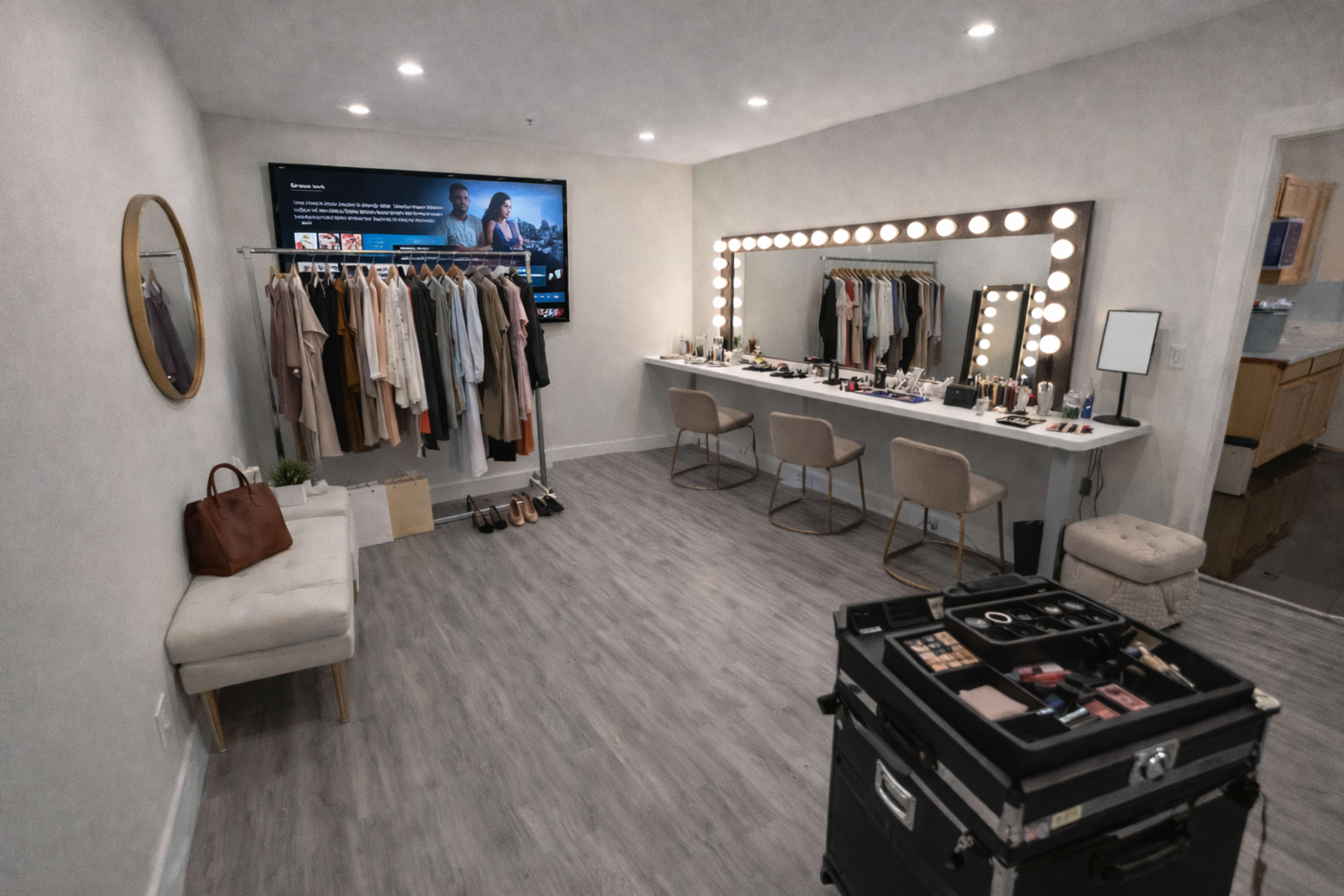 The image shows a spacious dressing room equipped with a long vanity mirror, a clothing rack, a makeup station, and a few seated area, all illuminated by bright lights.