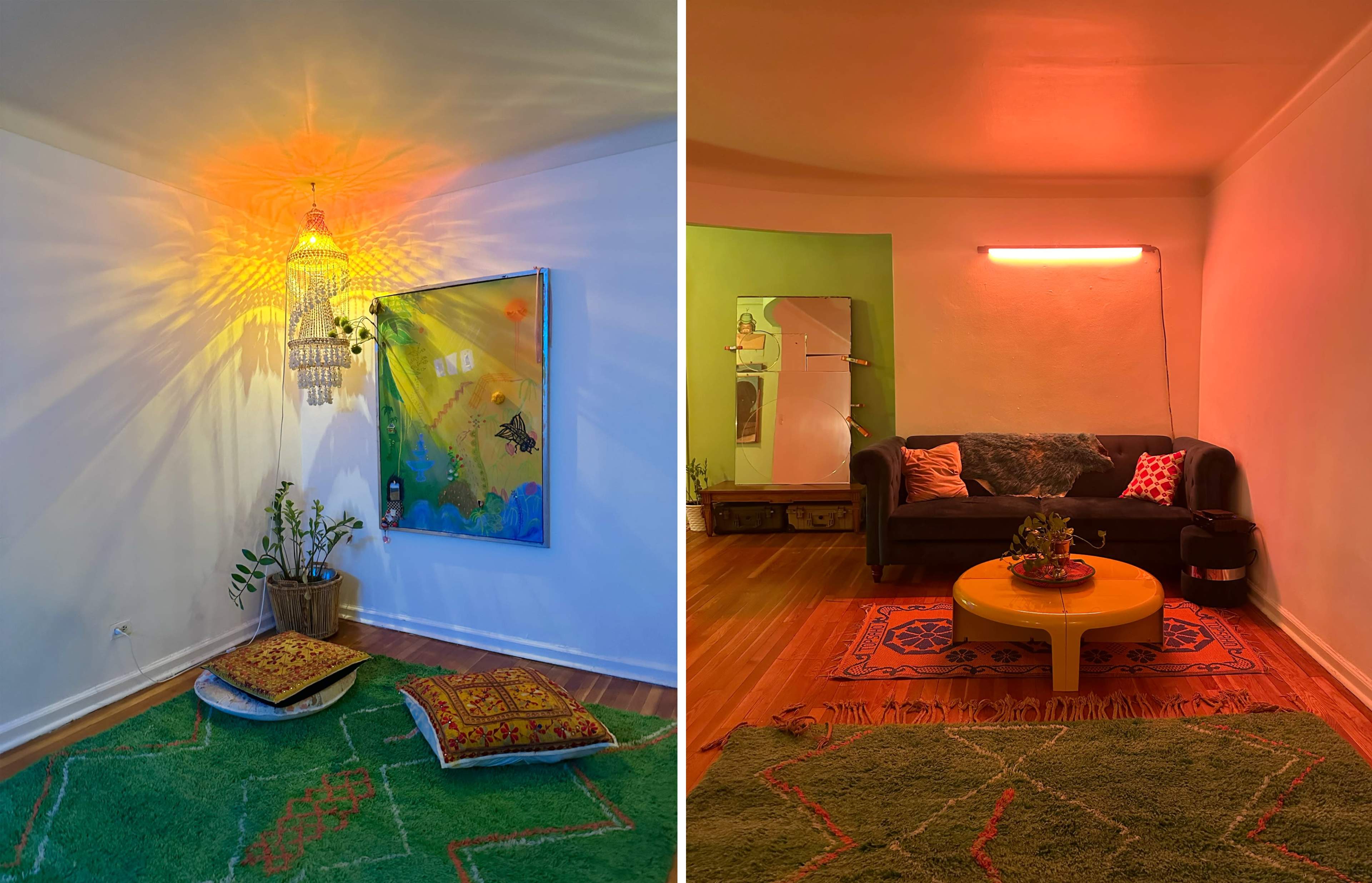 The image features two rooms with colorful lighting, showcasing decorative rugs, a chandelier, a vibrant piece of artwork, and seating areas with cushions and a round table.