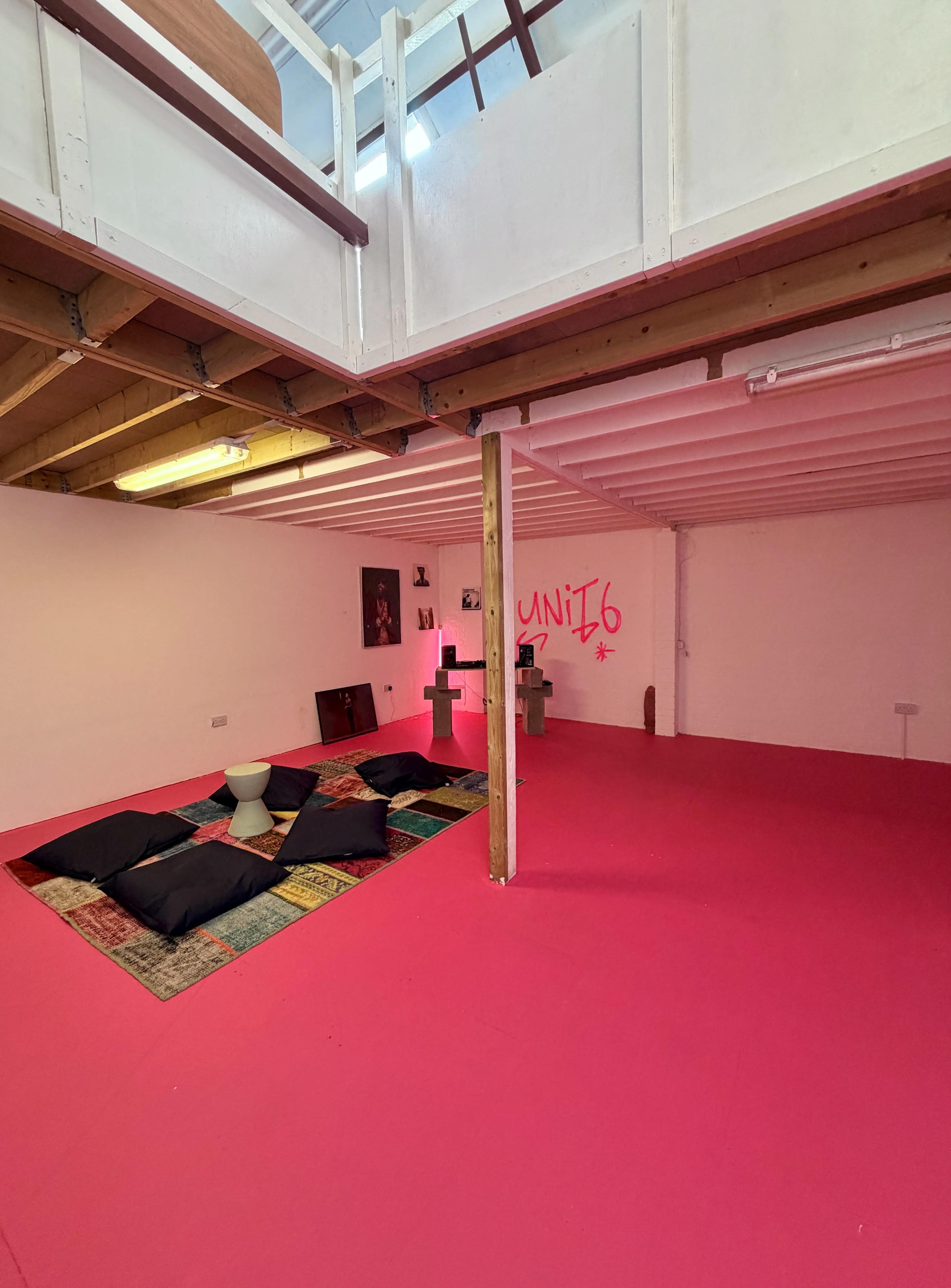 The image shows a vibrant, pink-floored room with cushions arranged on a patterned rug and a table in the background.