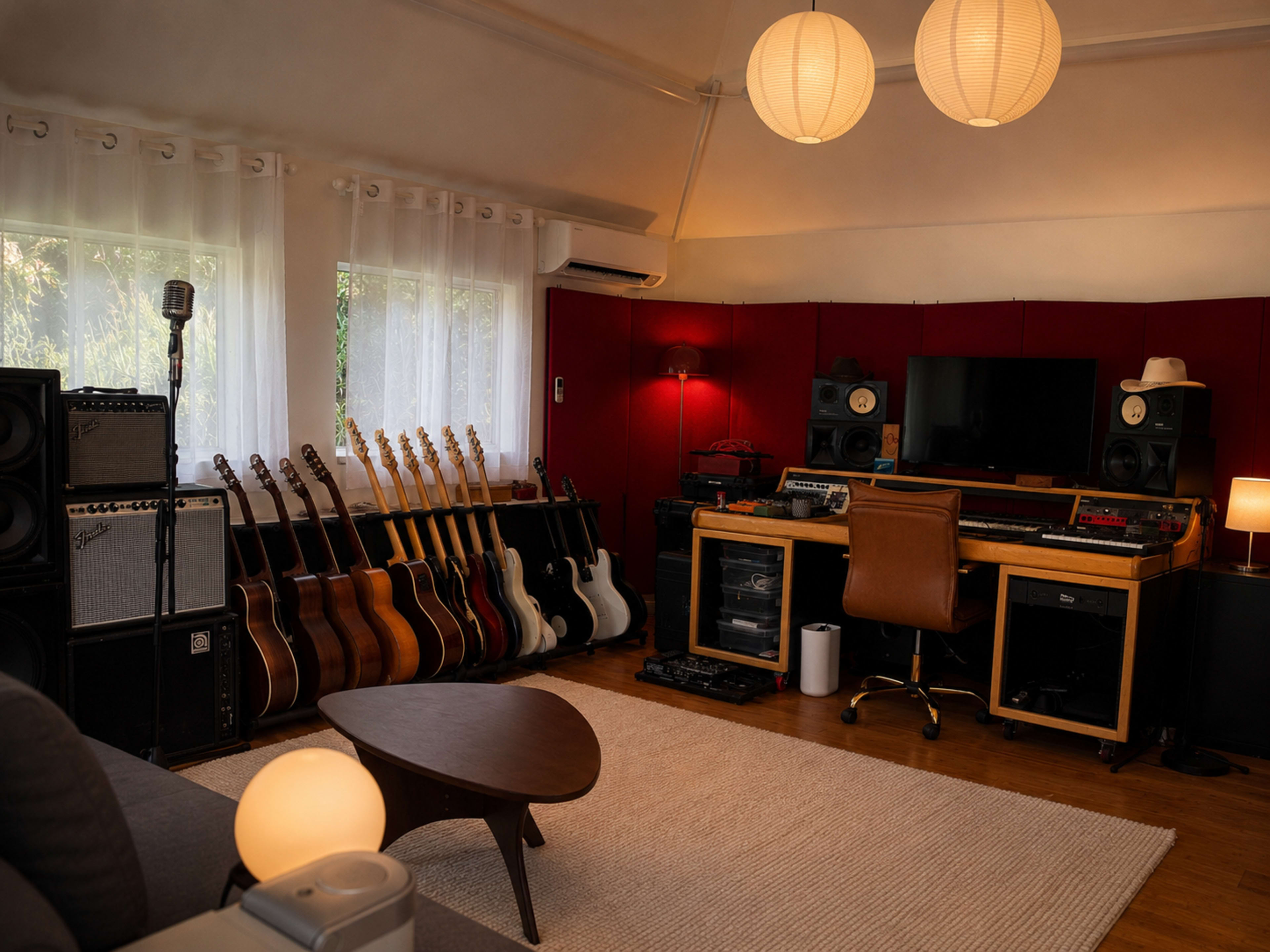 A home recording studio features a row of electric and acoustic guitars against the wall, a mixing desk with monitors, and soft lighting from paper lanterns.