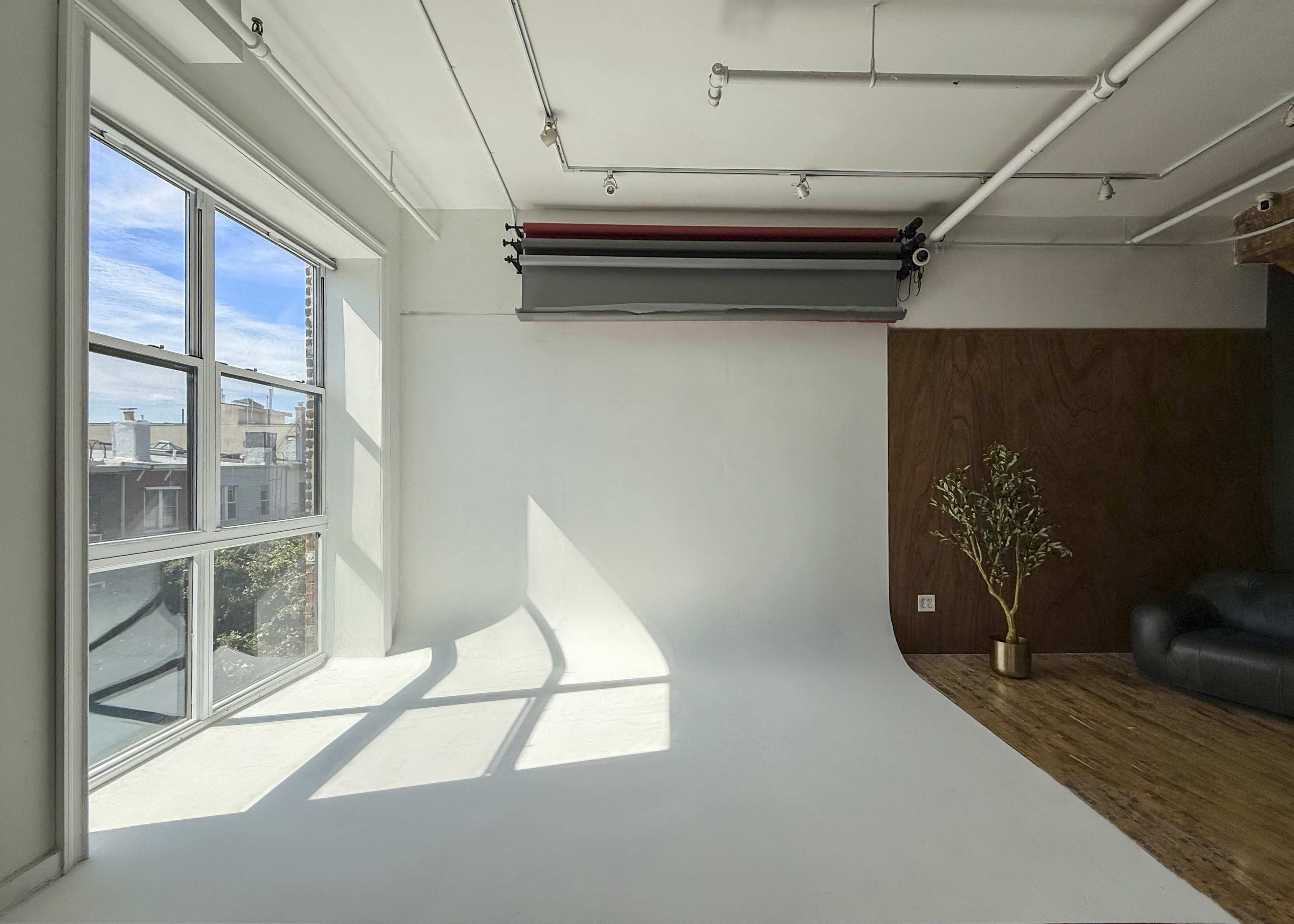 The image shows a bright, spacious interior with large windows, a seamless white backdrop, and a wooden accent wall.