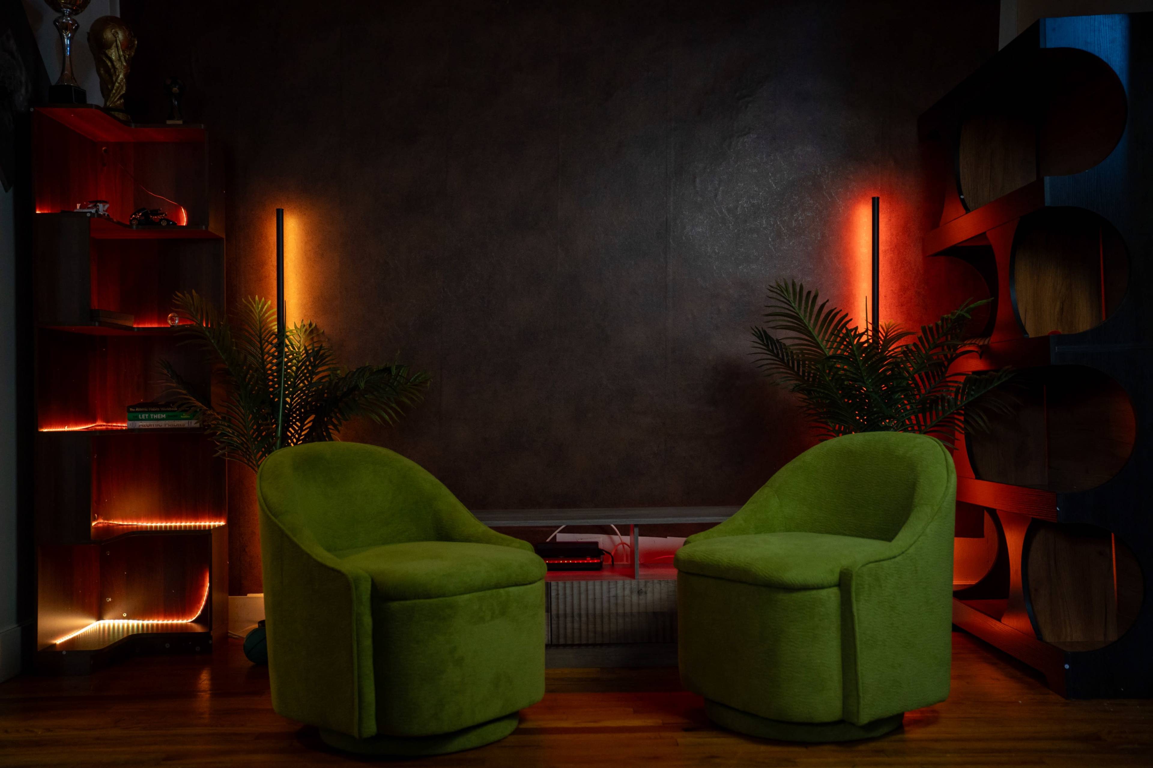 The image features two green swivel chairs positioned opposite each other in a dimly lit room, accompanied by a shelf and decorative plants.