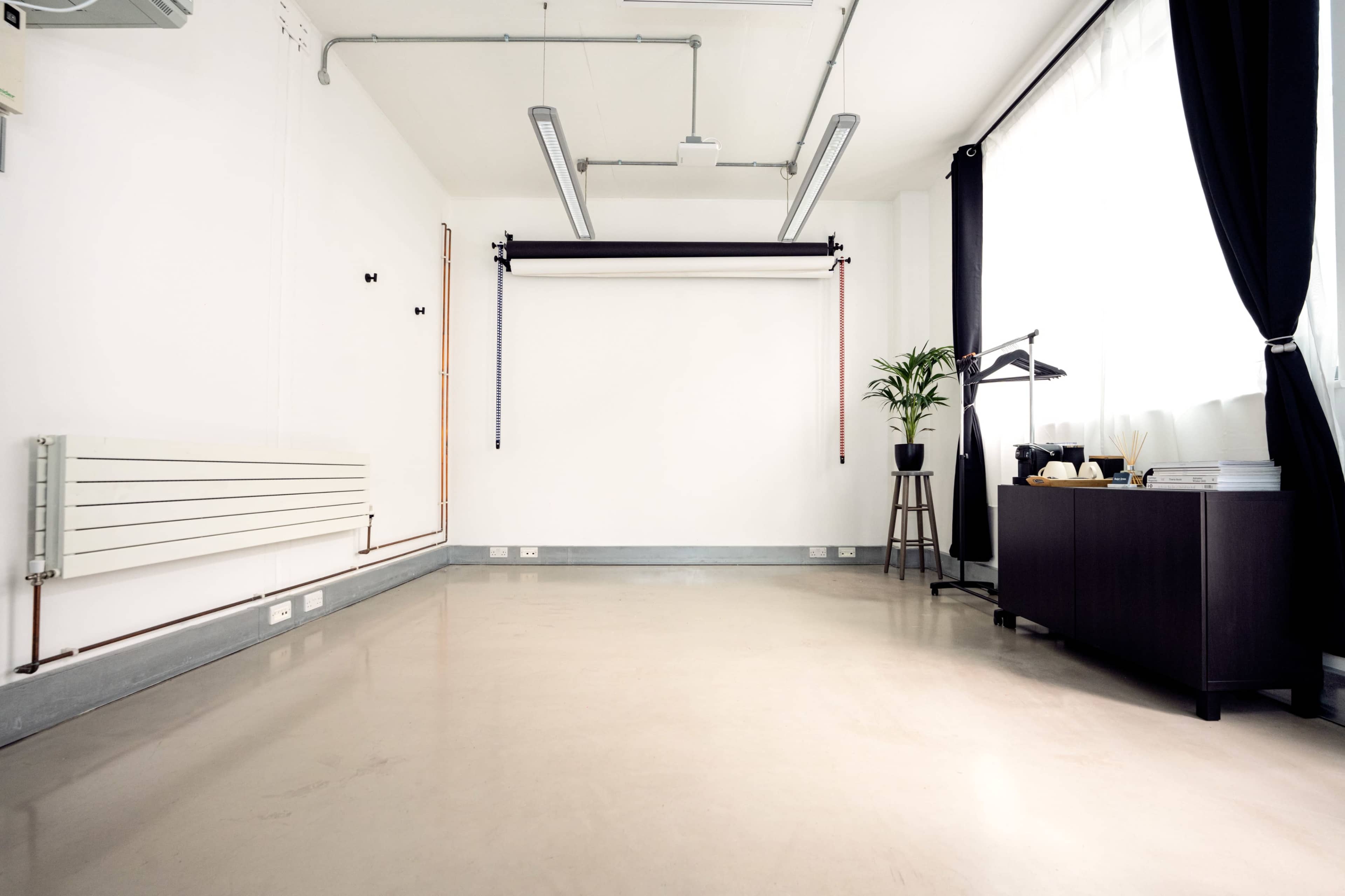 A minimalistic room with a polished floor, a black cabinet, a potted plant on a stool, and a white wall featuring a roll-up backdrop system.