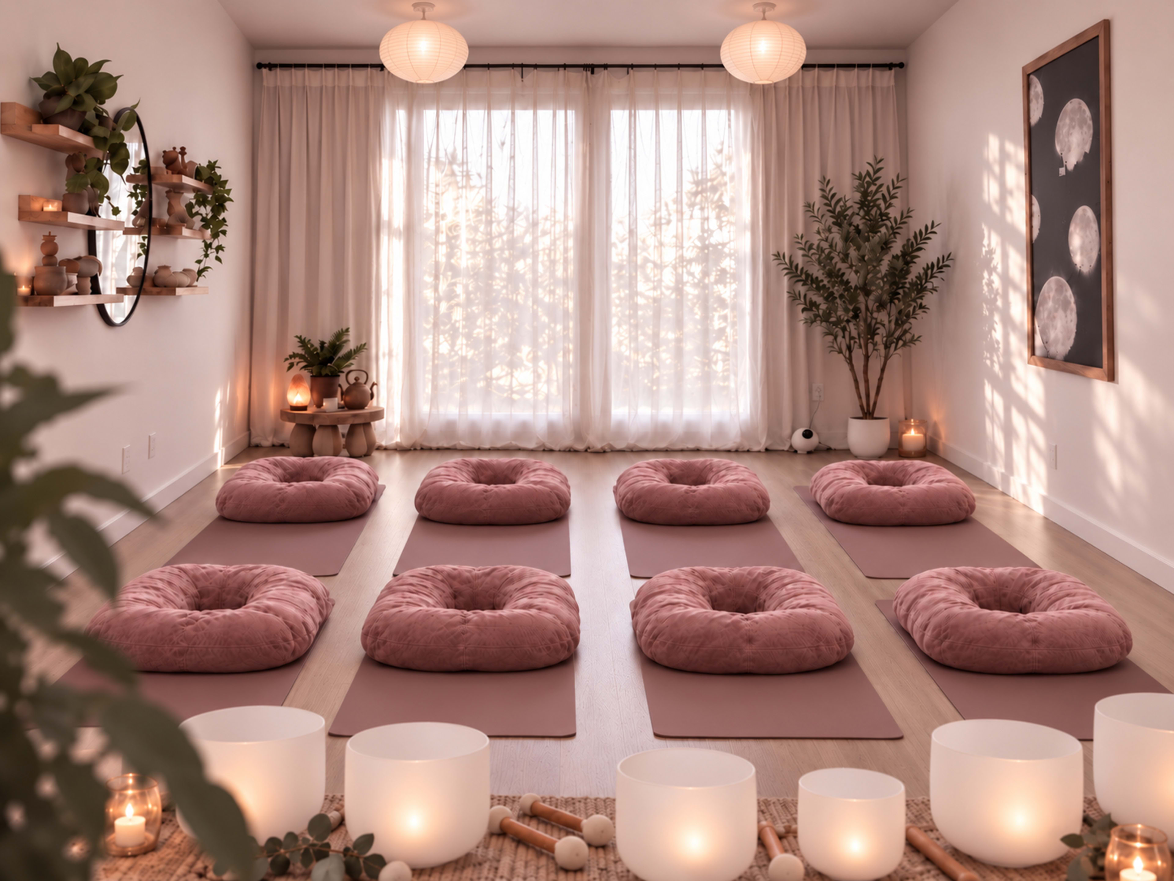 The image shows a serene meditation room arranged with pink cushions and lanterns, accented by soft lighting and a few plants, creating a calming environment.