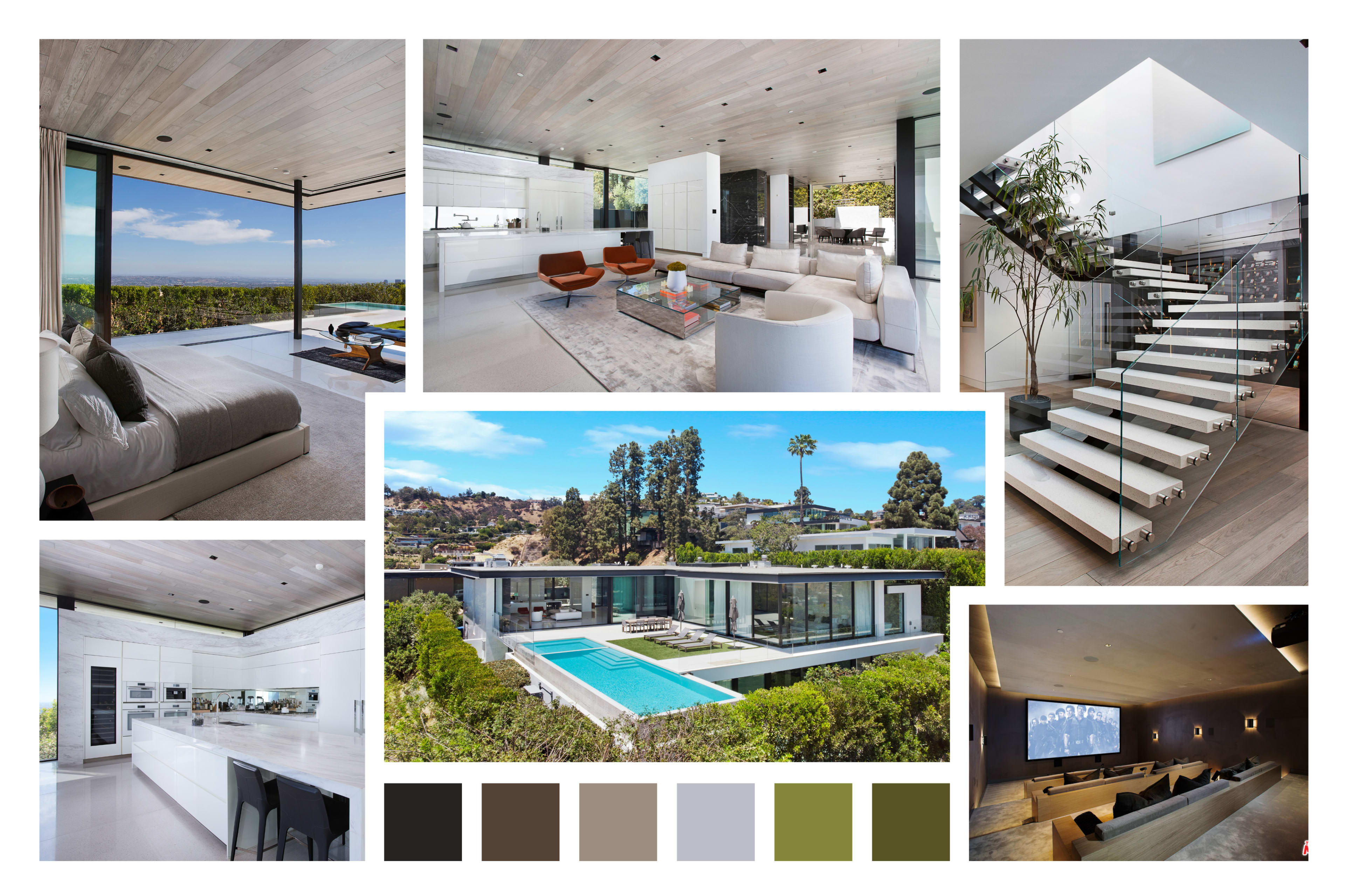 The image showcases a modern luxury home featuring an open-concept living space, sleek furnishings, and expansive views of the outdoors with a swimming pool.
