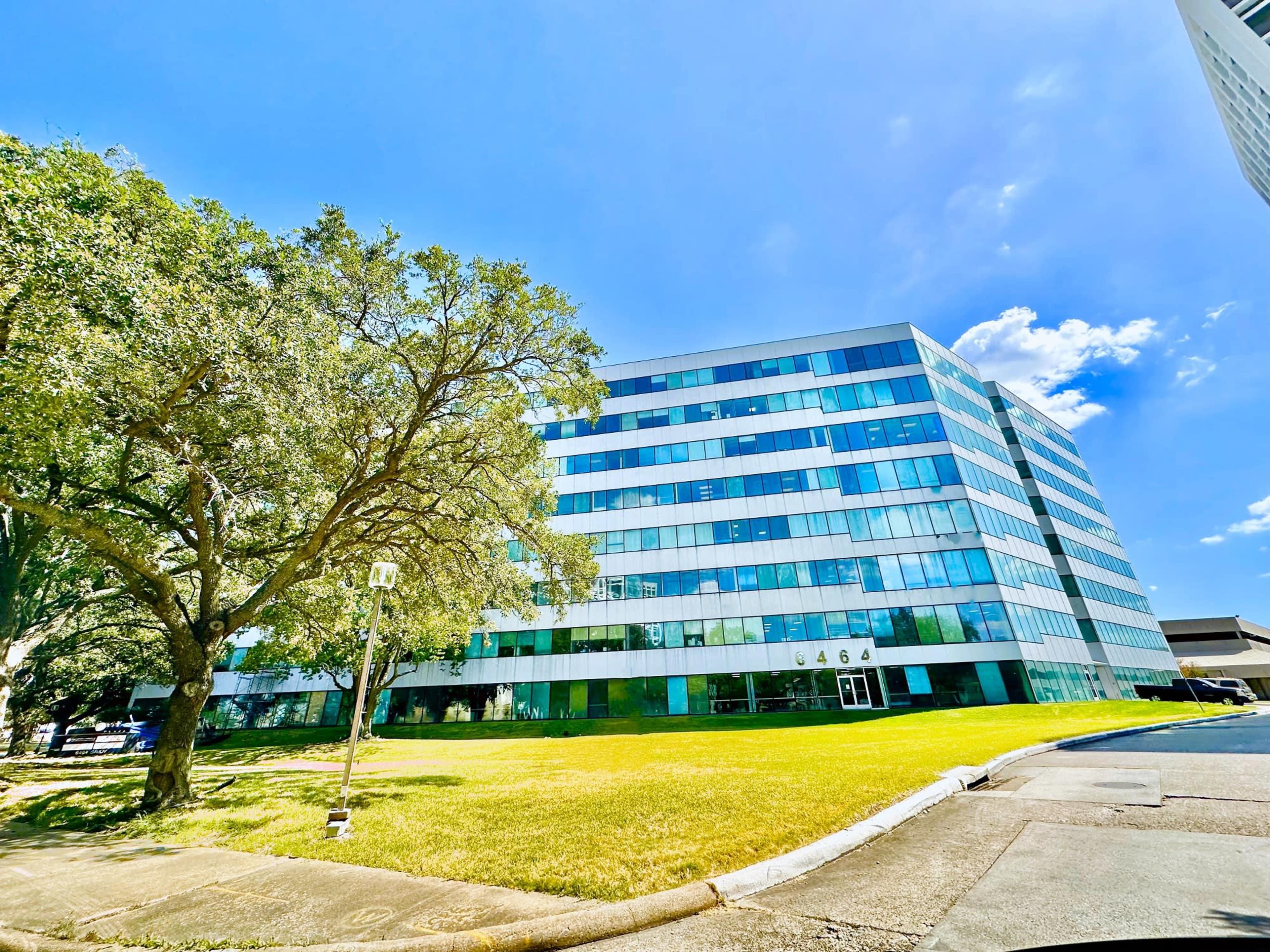 A modern glass office building with multiple floors is surrounded by green grass and large trees under a clear blue sky.