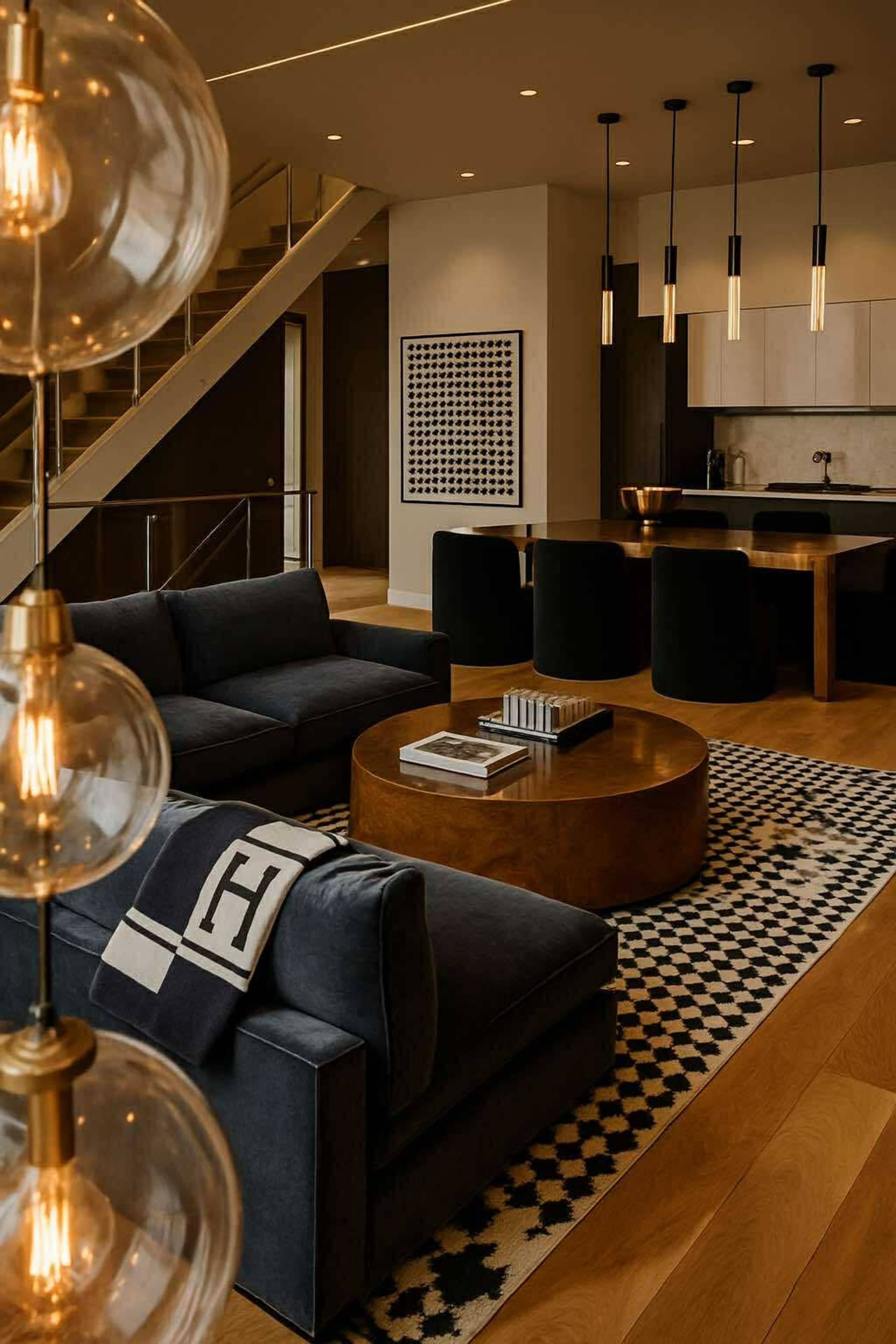 A modern living room features a dark sectional sofa, a round wooden coffee table, and a kitchen area with pendant lighting.