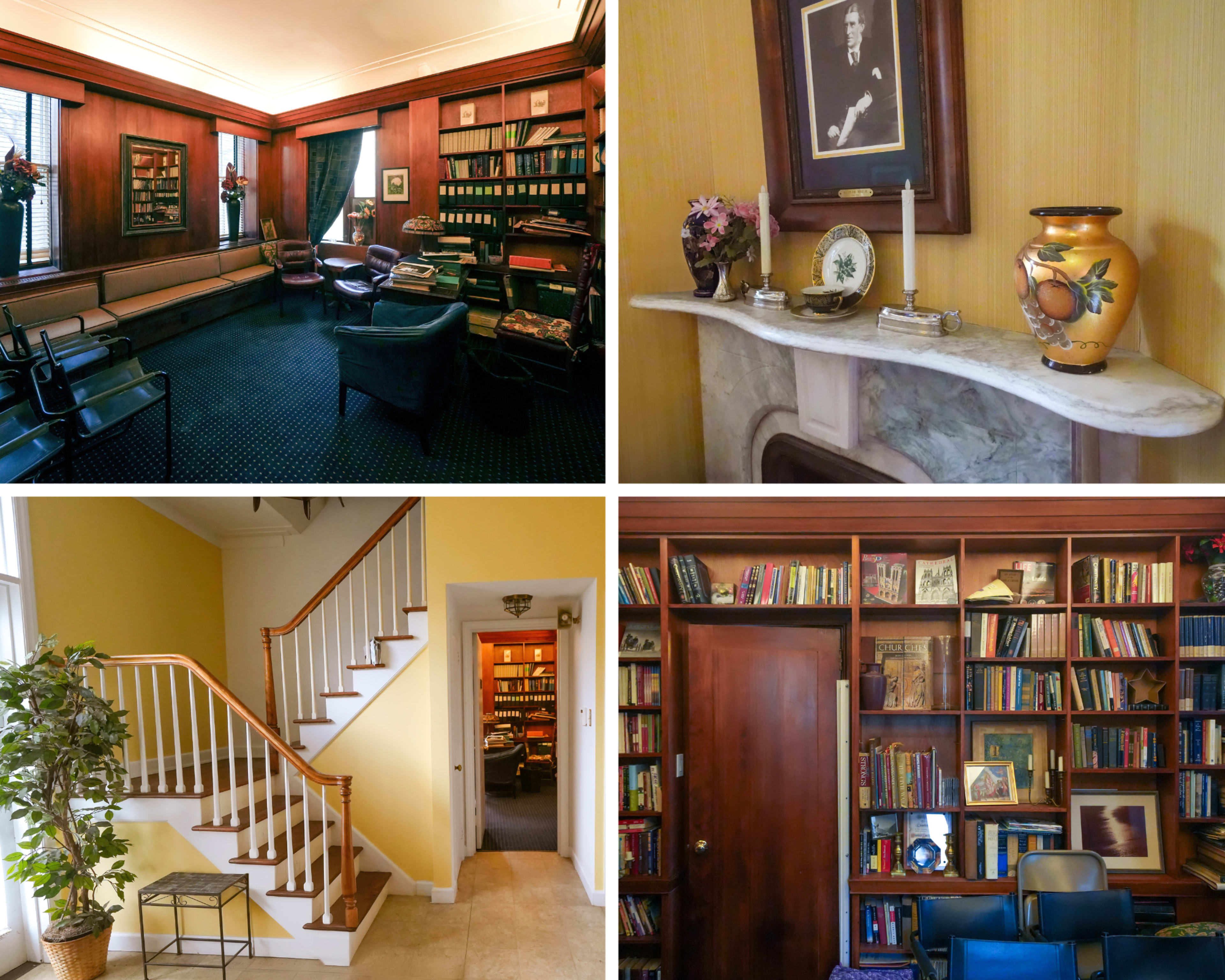 Four panels showcasing a cozy, vintage library with bookshelves, a staircase, and a well-decorated parlor.