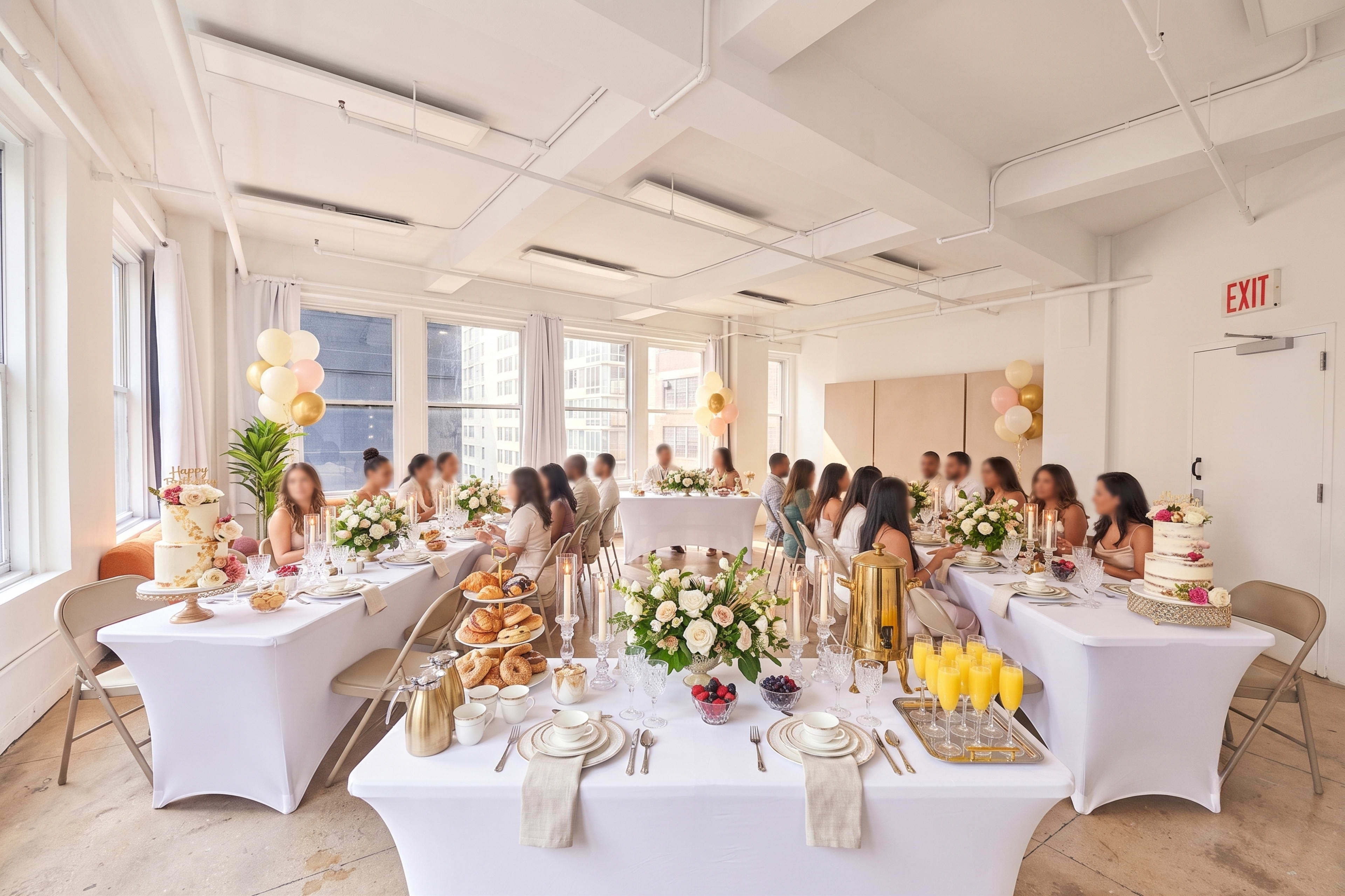 A decorative dining space is set up for a gathering, featuring tables adorned with floral arrangements and food, while guests are seated around the tables.
