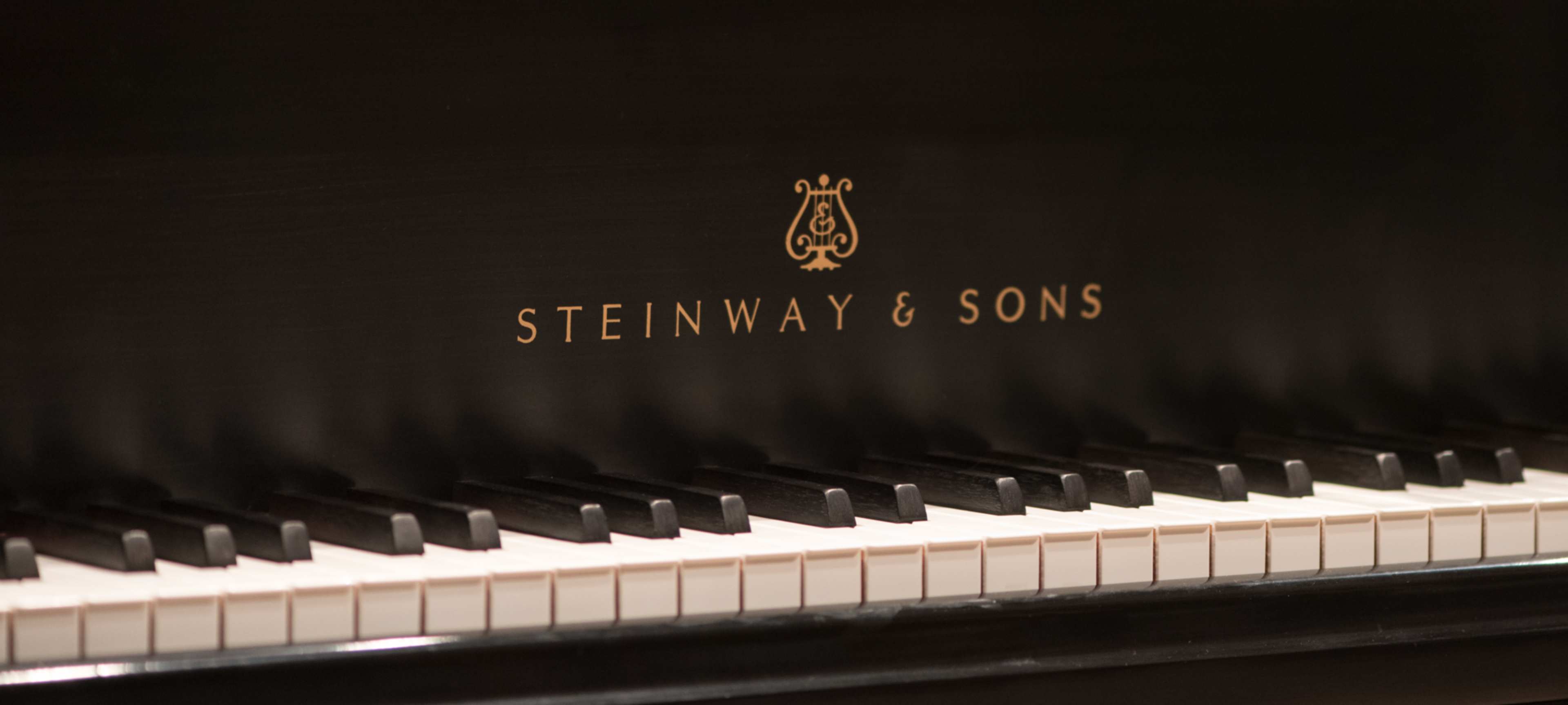 A close-up of a Steinway & Sons grand piano showcasing its black keys and the brand logo.