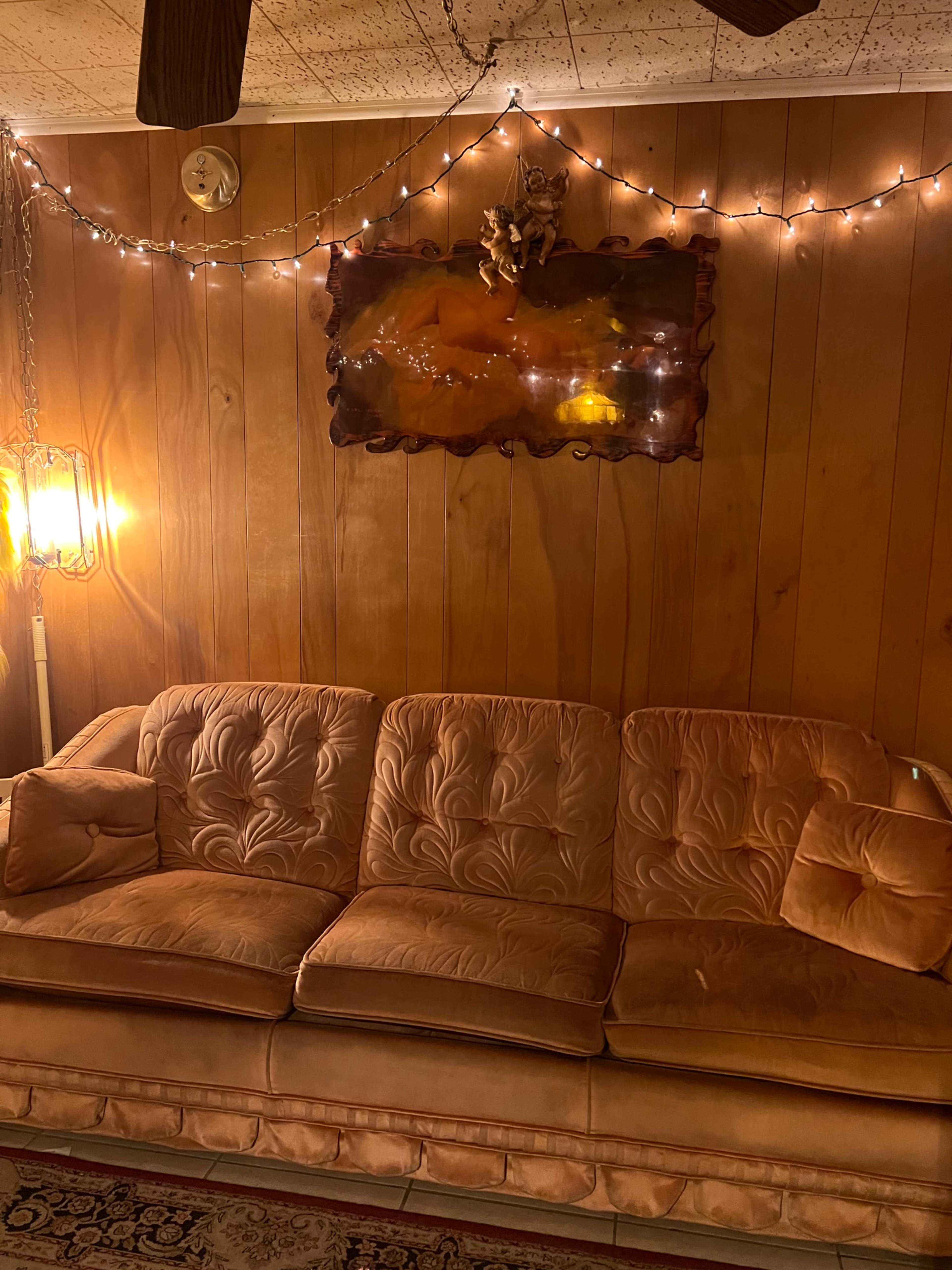 The image shows a vintage-style living room featuring a cushioned sofa, wooden paneling, and string lights.