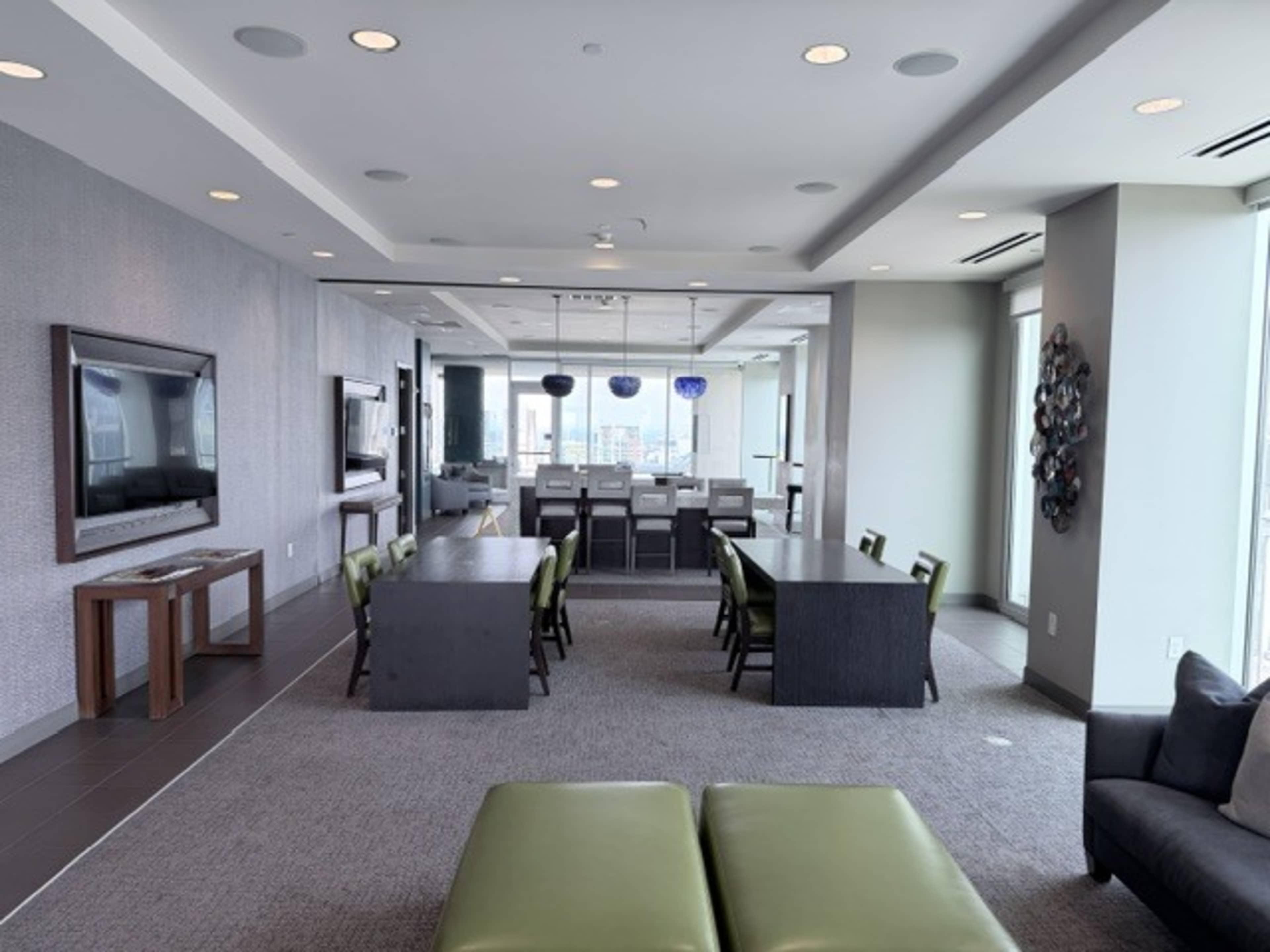 The image shows a modern, open-concept lounge area with a dining space, featuring a large table with chairs and a living area with a green couch and television.