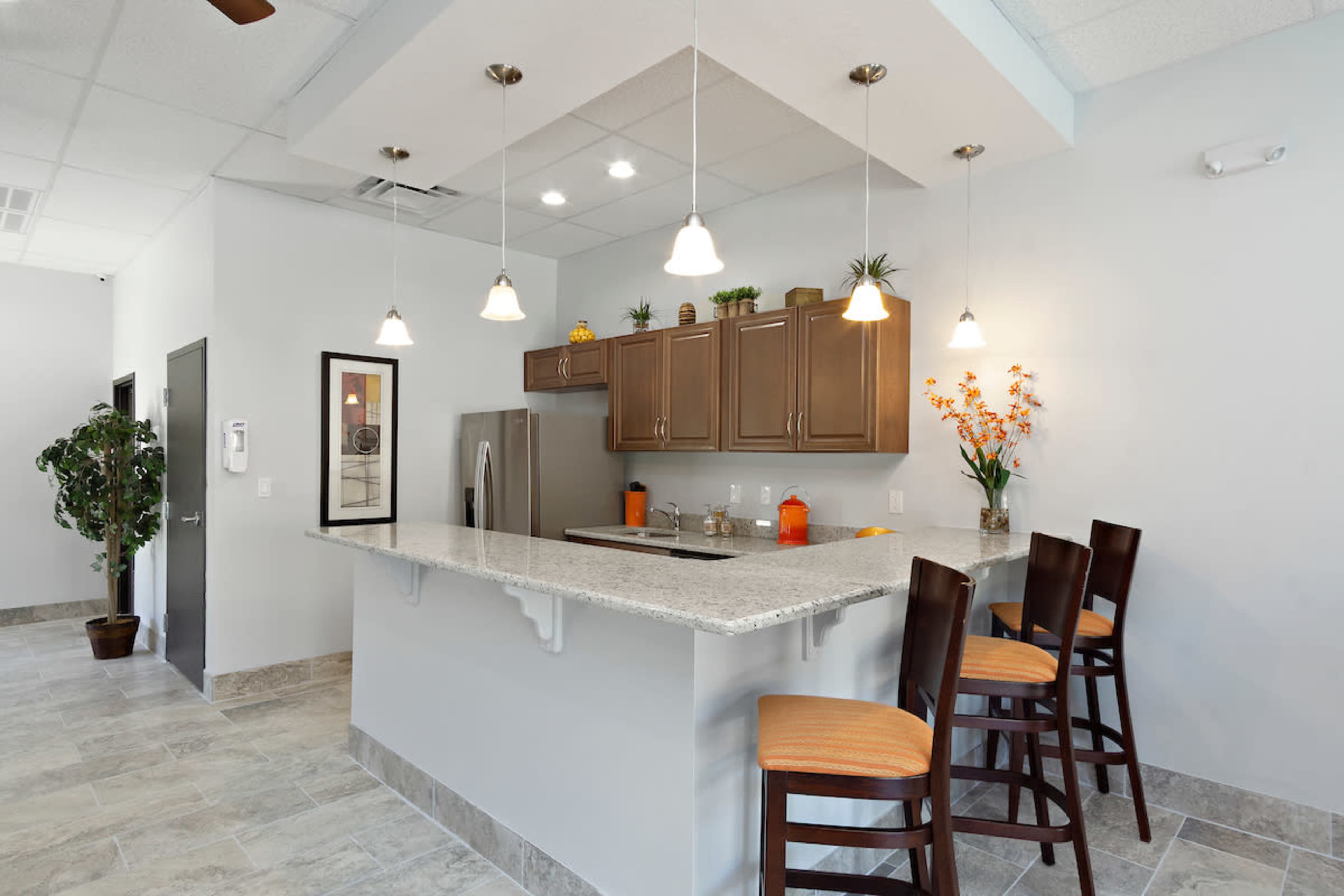 A modern kitchen features a granite countertop with bar seating, overhead pendant lights, and dark wood cabinets against a light wall.