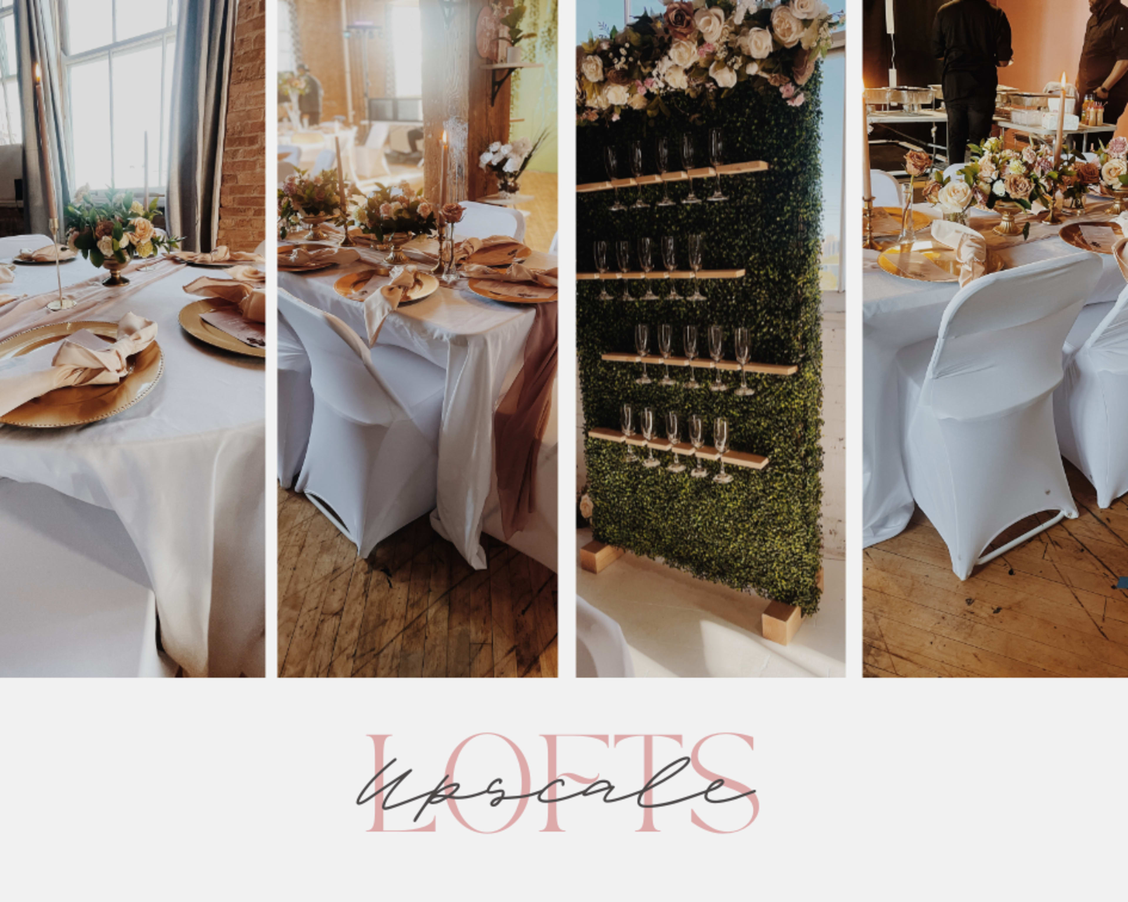 A stylish event setup featuring elegantly arranged tables with golden accents, floral centerpieces, and a greenery backdrop with glasses.