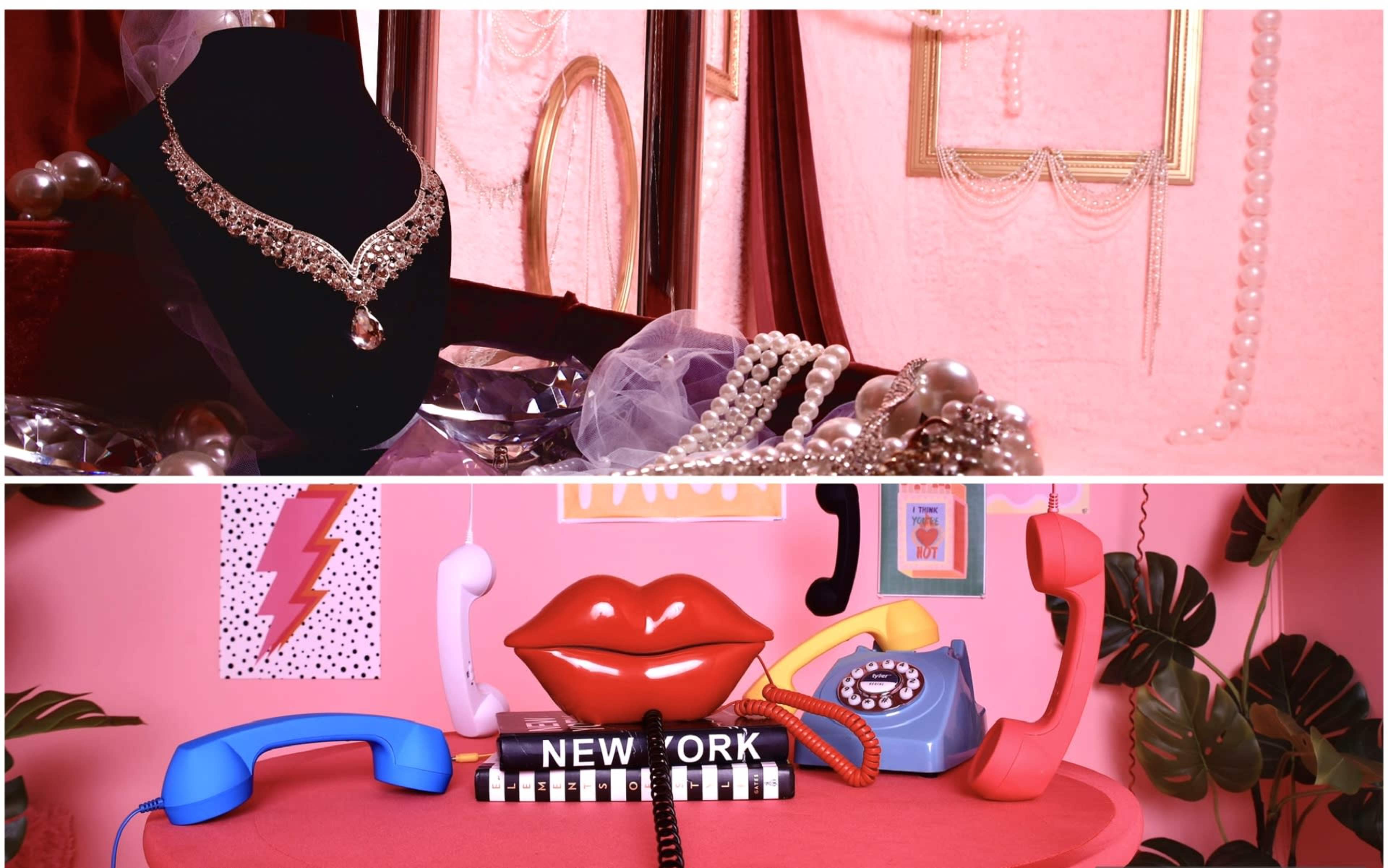 The image features two distinct sections: the top displays a black mannequin adorned with a sparkling necklace and various strands of pearls against a pink backdrop, while the bottom showcases a colorful arrangement of vintage telephones and playful decor, including red lips and a "NEW YORK" sign.