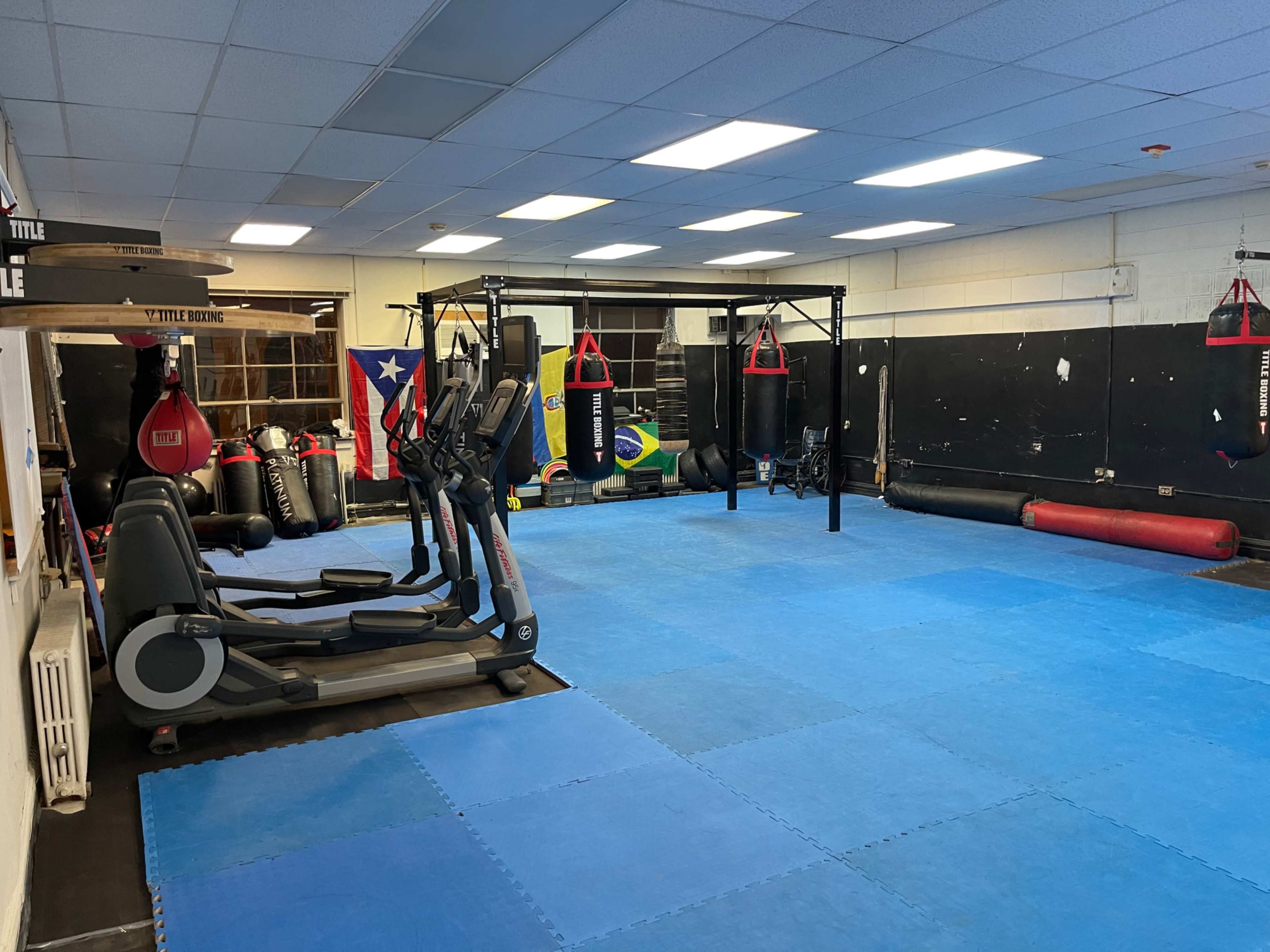 A gym interior featuring exercise equipment, punching bags, and blue padded flooring.