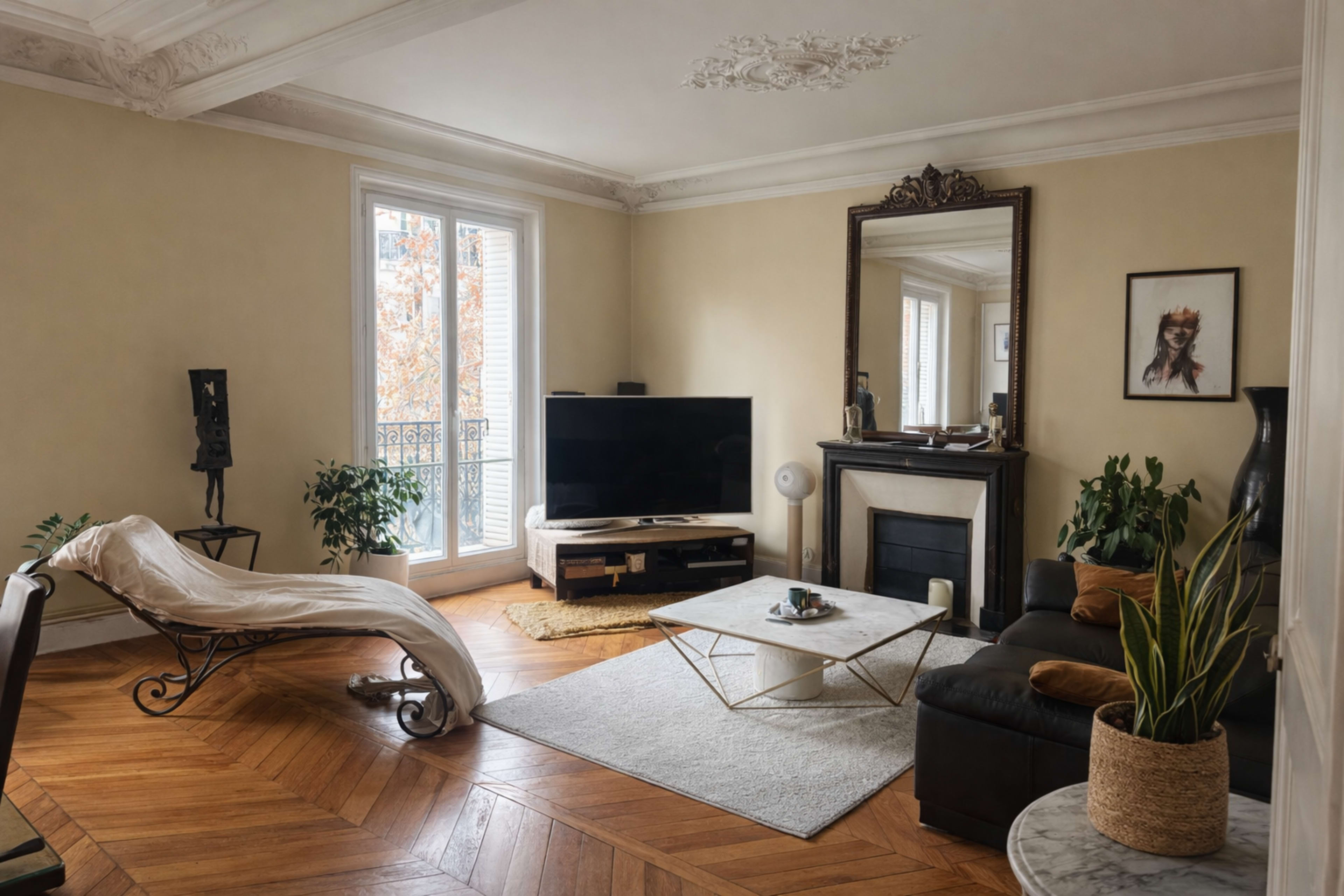 The image shows a spacious living room with a dark sofa, a chaise lounge, a TV on a stand, and plants, illuminated by natural light from large windows.