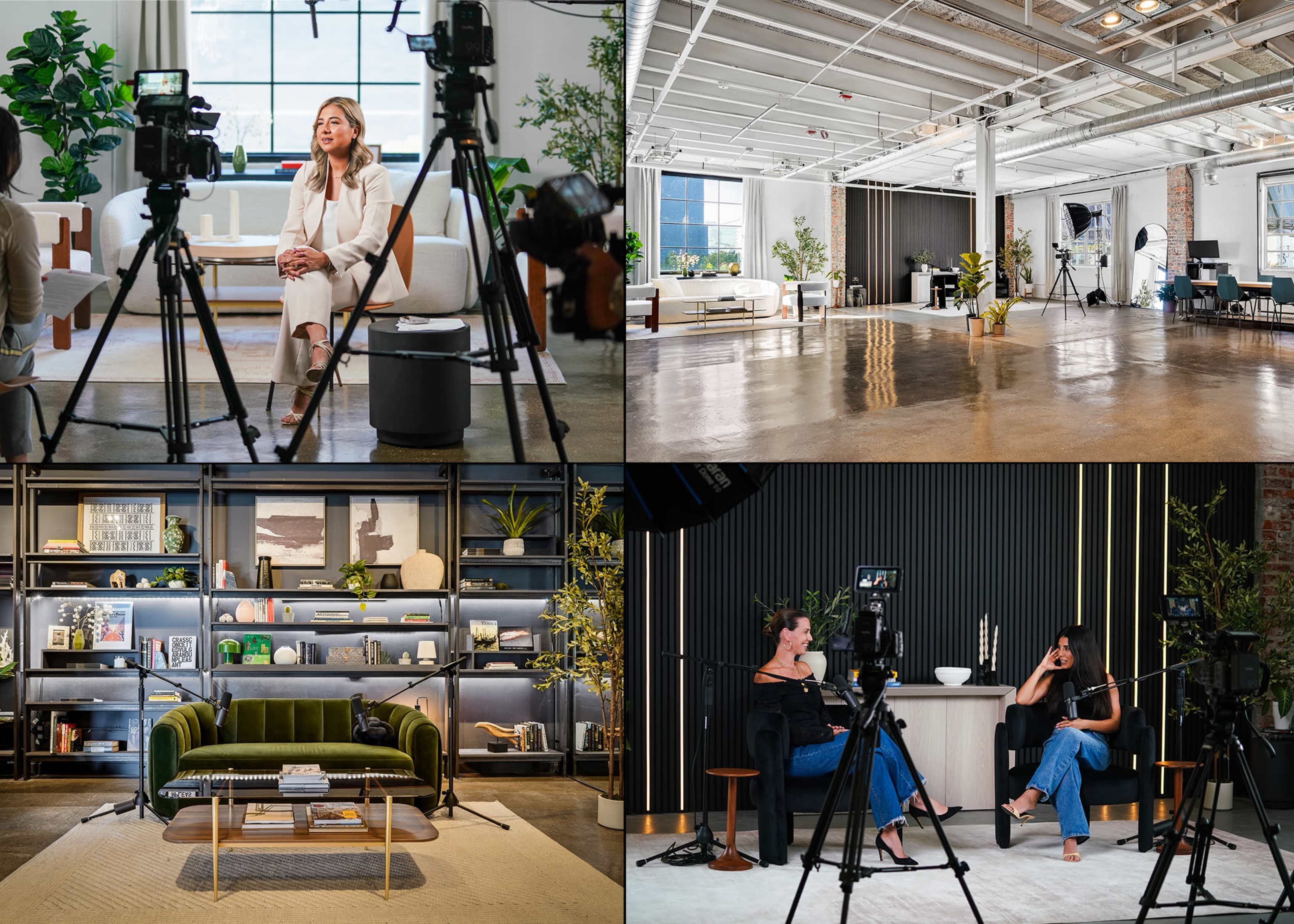 The image showcases four scenes featuring a woman being filmed in a studio setting, a well-lit modern workspace, and two women in a stylish, plant-filled living room, all arranged with cameras set up for interviews or content creation.