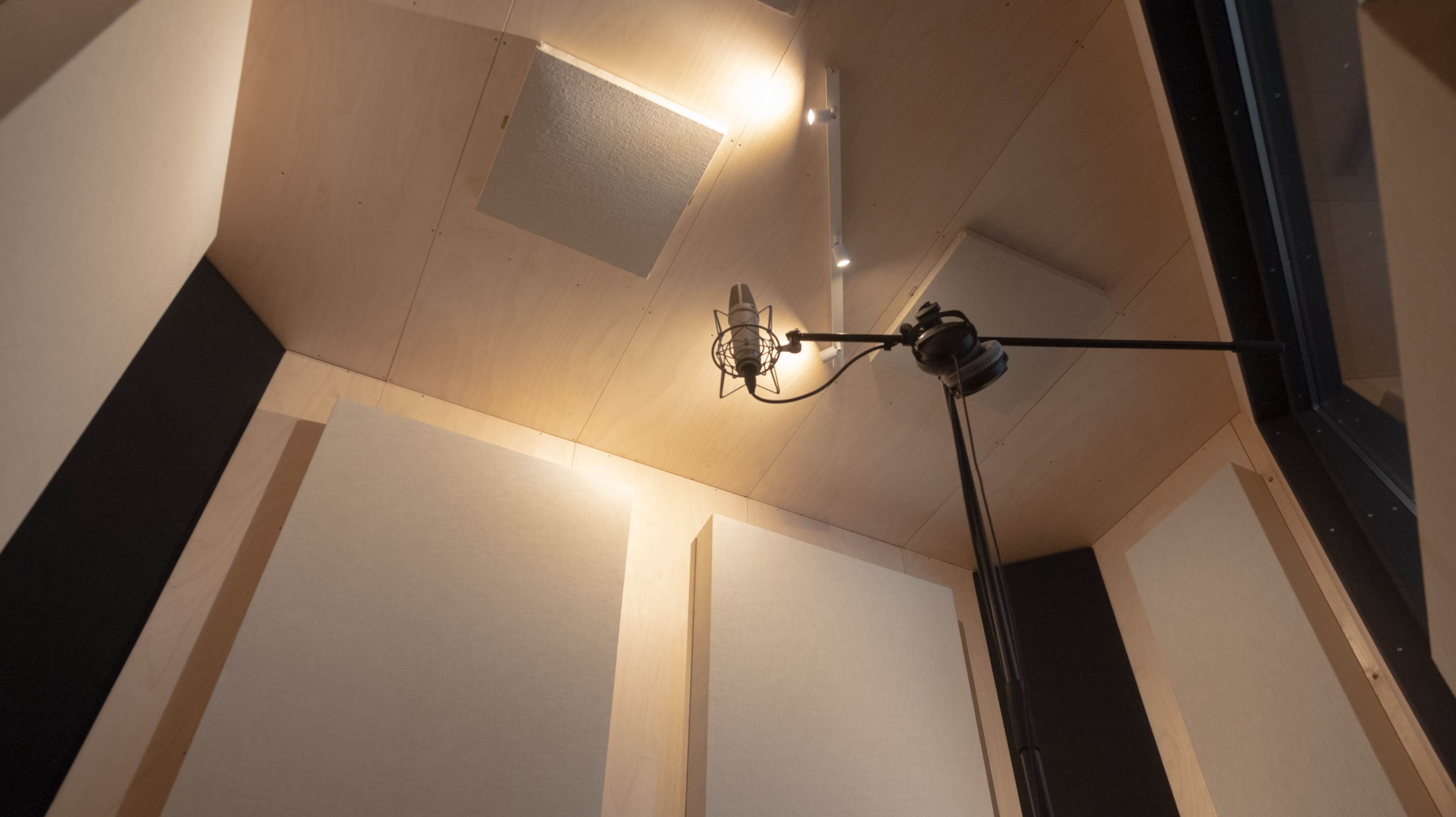 The image shows a microphone on a stand in the center of a soundproof recording studio with acoustic panels on the walls.