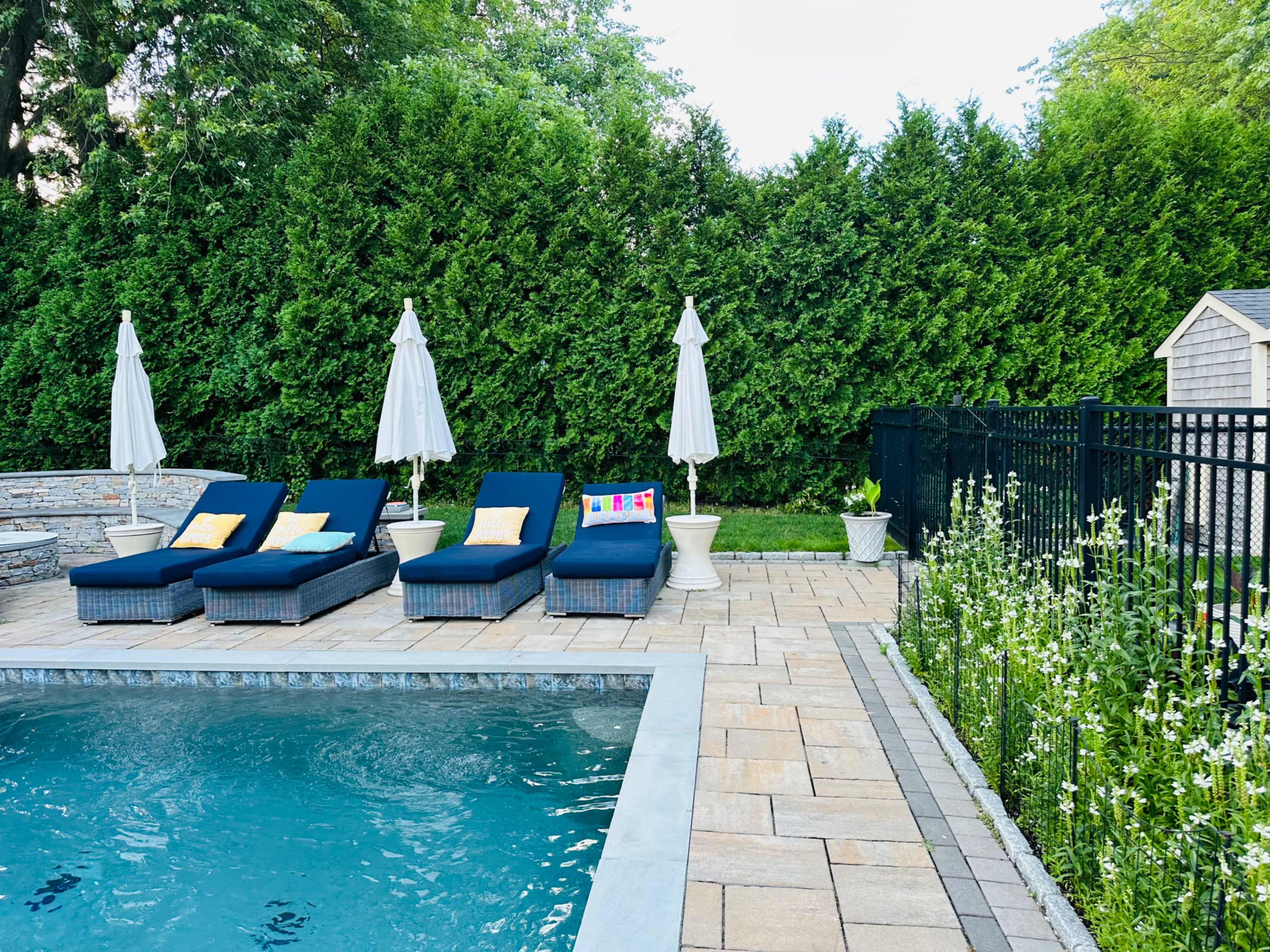 The image shows a backyard pool area with four lounge chairs, each equipped with white umbrellas, surrounded by lush greenery and stone paving.