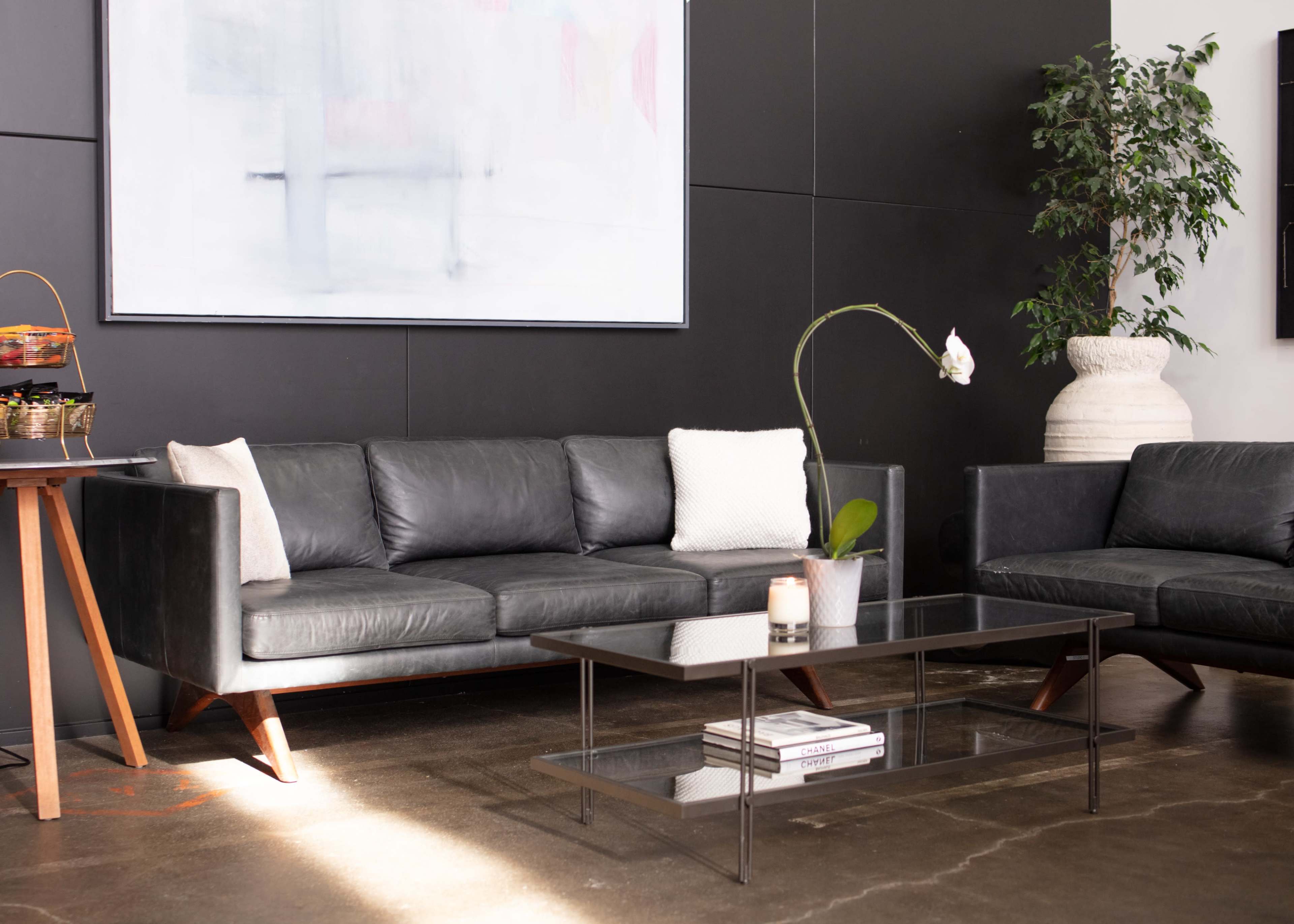 A modern living room features a dark leather couch, a coffee table with a glass top, and potted plants against a black wall.