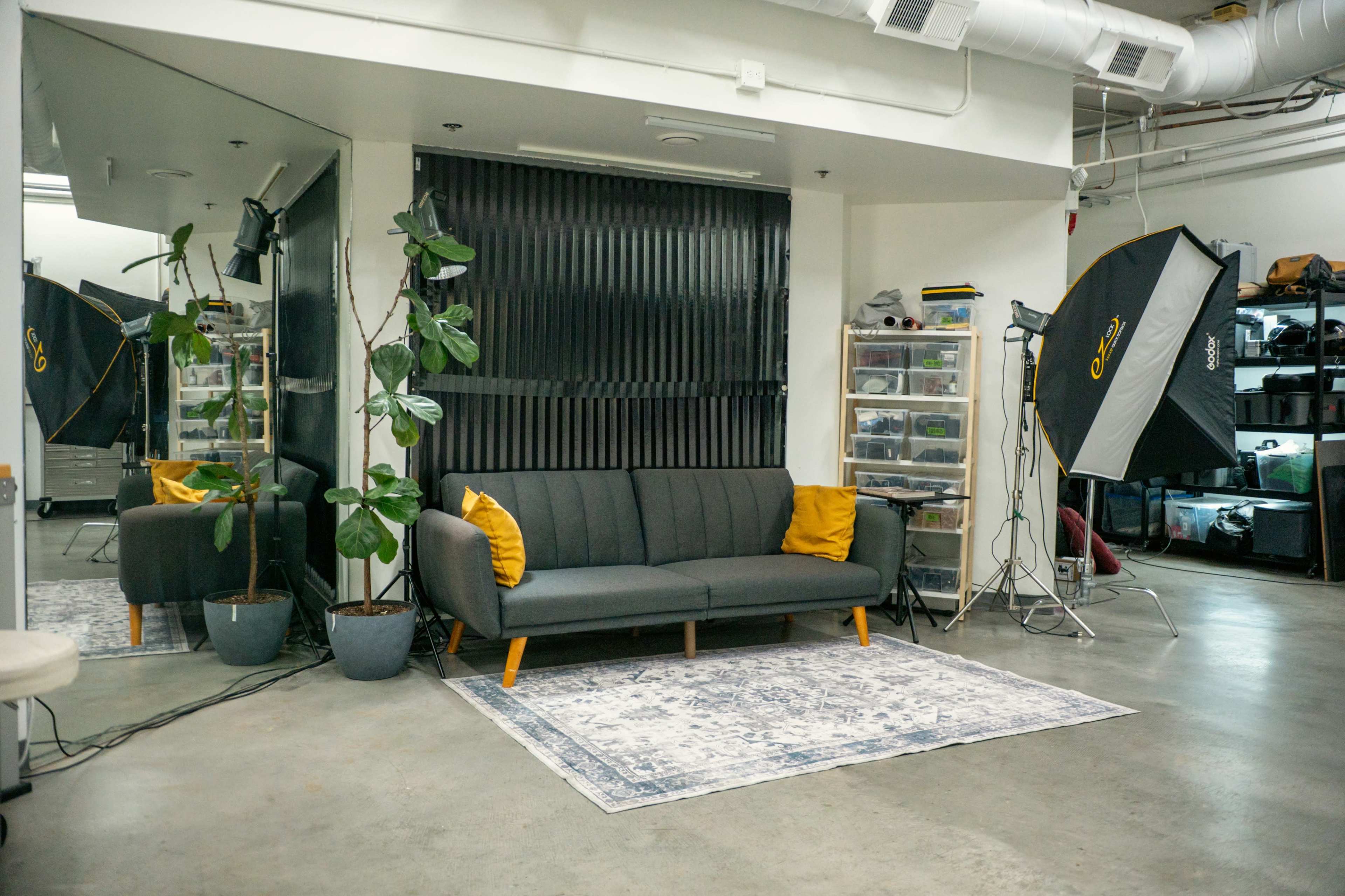 The image shows a modern studio space with a gray couch, a potted plant, and professional lighting equipment next to a black backdrop.