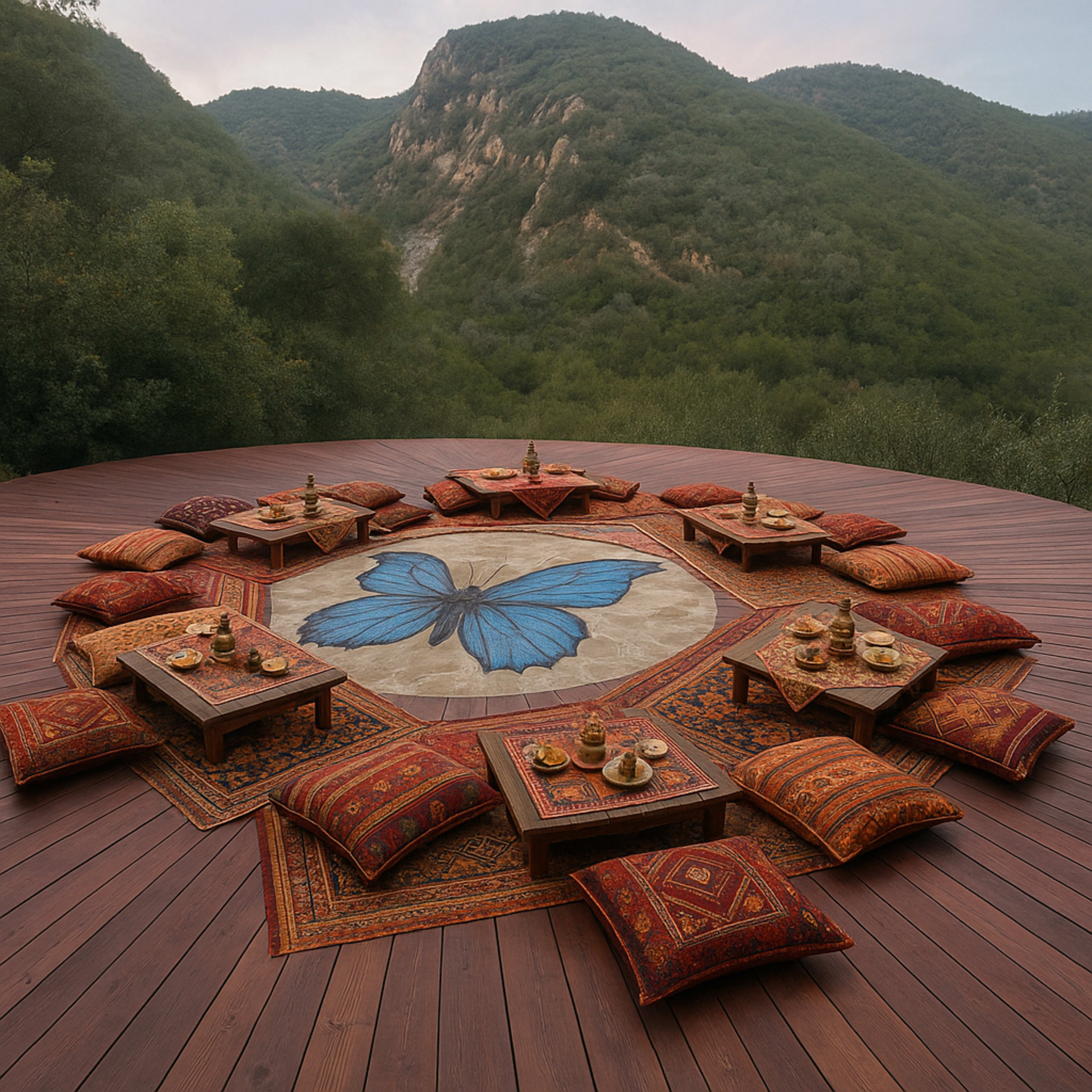 The image shows a circular wooden platform surrounded by lush green hills, featuring a large blue butterfly design on the floor and numerous decorative cushions and low tables arranged for seating.