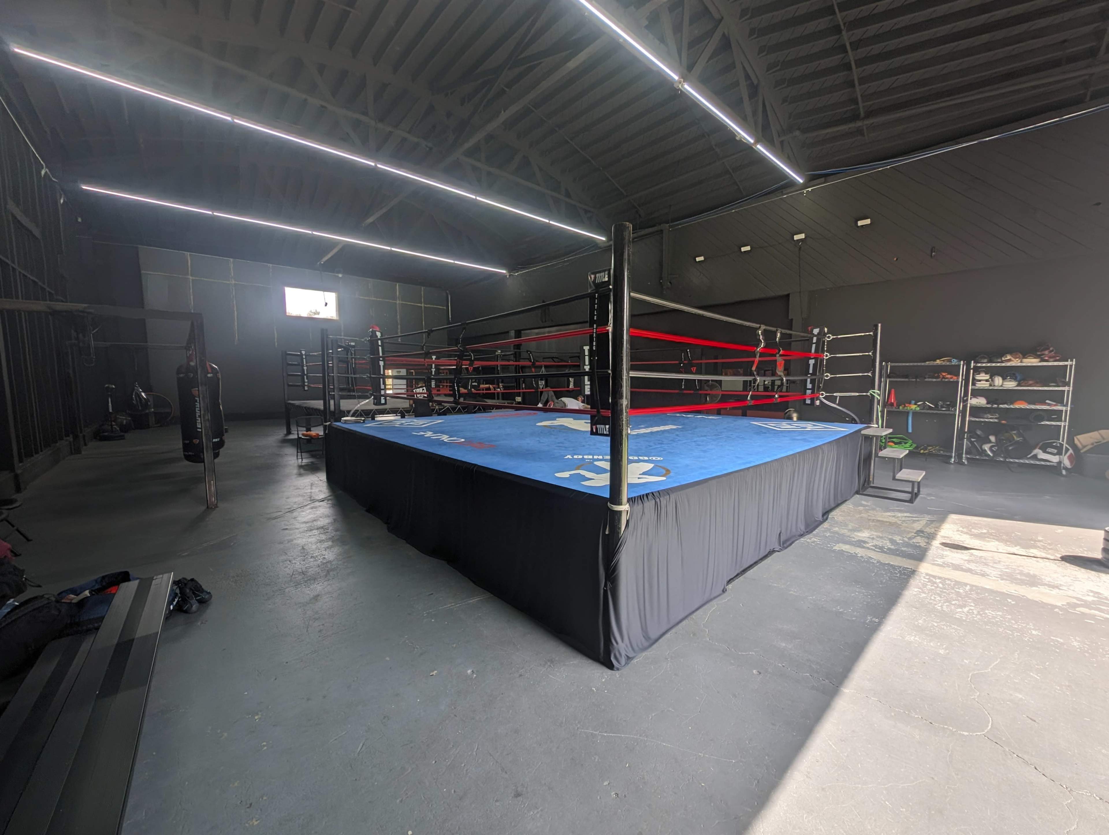 A boxing ring with blue matting and red ropes is positioned in the center of a sparsely furnished training facility.