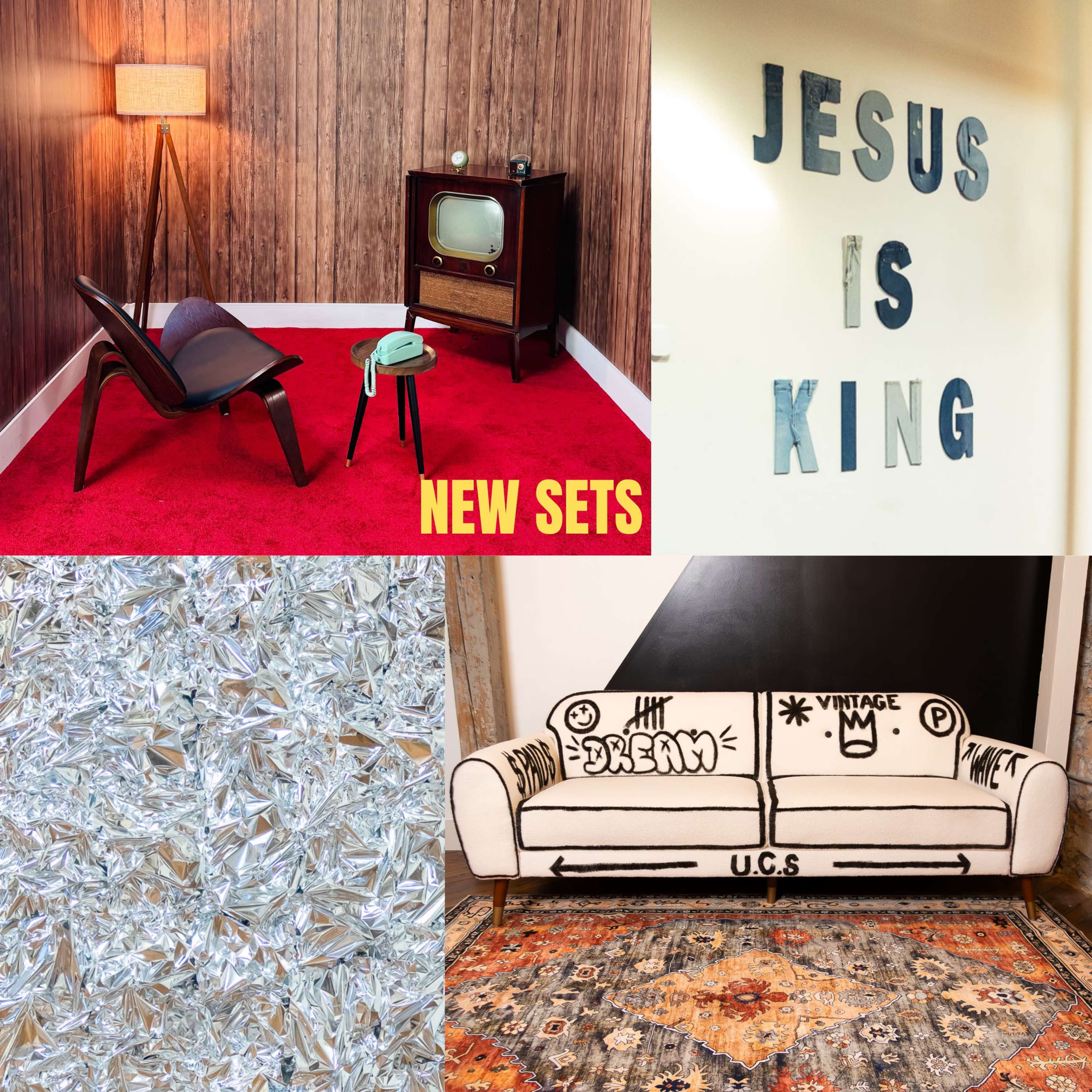 The image features a collage of a retro living room setup with a chair and television, a wall with the words "JESUS IS KING," a shiny textured surface, and a couch with graffiti-style art.