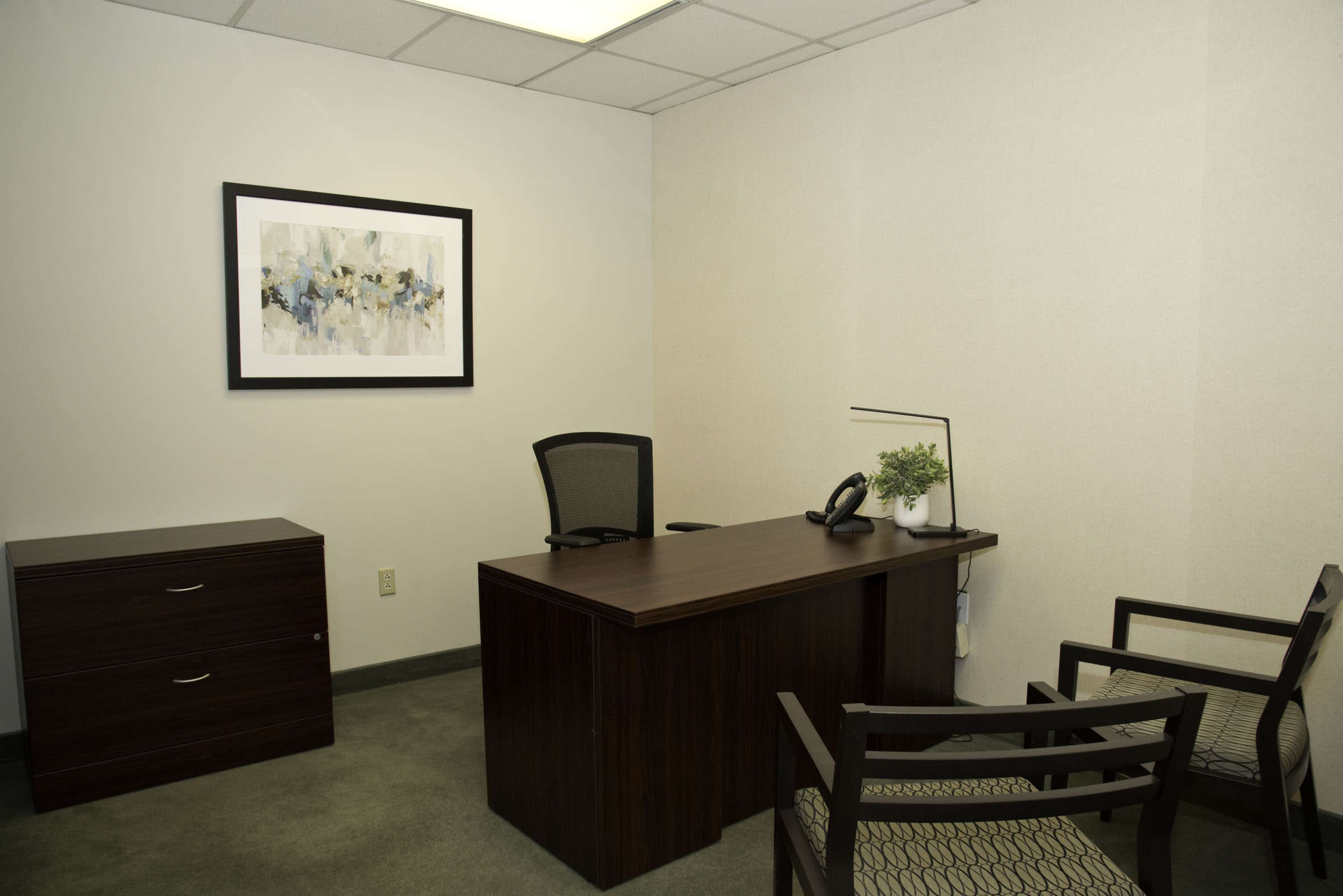 The image shows a minimalist office space featuring a wooden desk with a telephone, a chair, a filing cabinet, and a framed artwork on the wall.