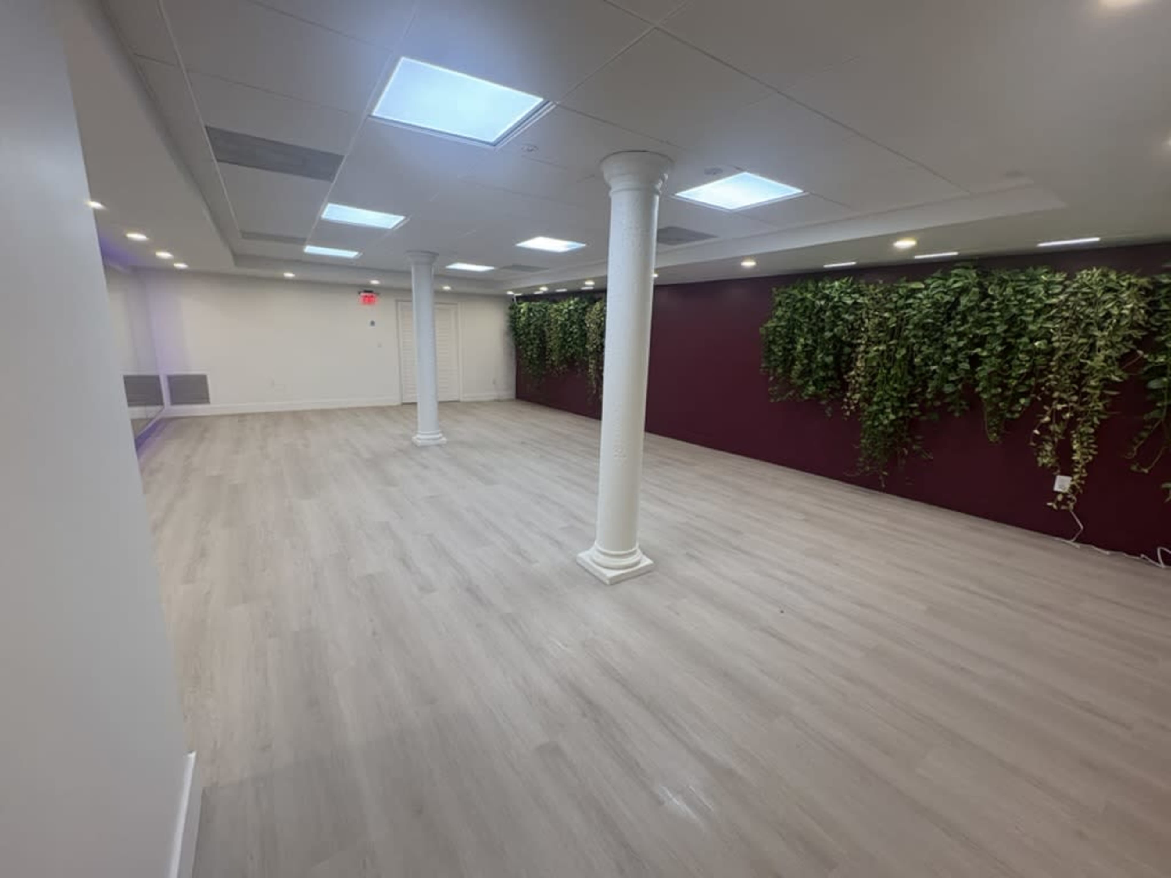 The image shows an empty room featuring light-colored flooring, white columns, skylights, and a wall adorned with green plants against a purple backdrop.