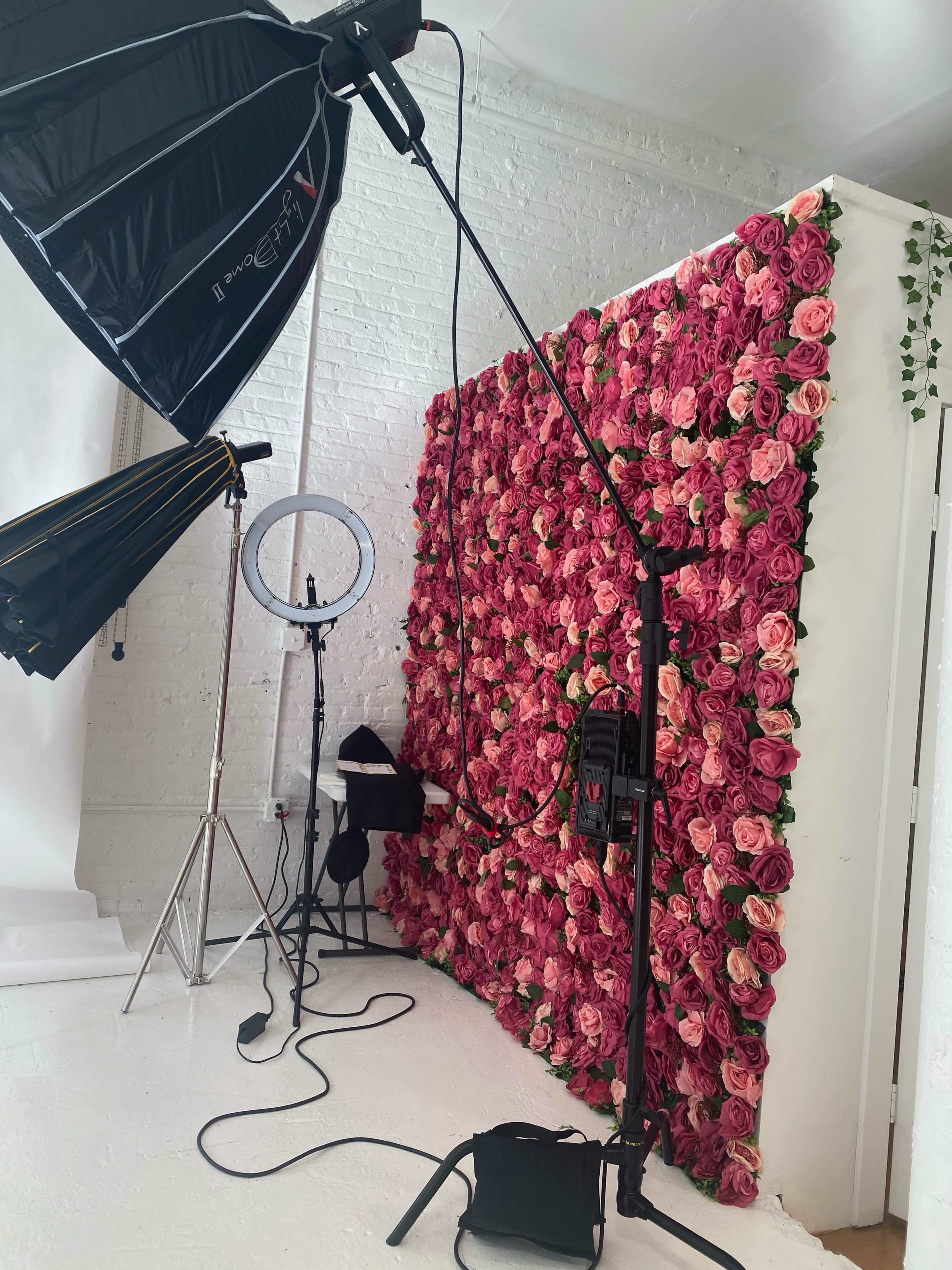 A photography studio setup featuring a backdrop made of pink roses, along with lighting equipment including a softbox and a ring light.