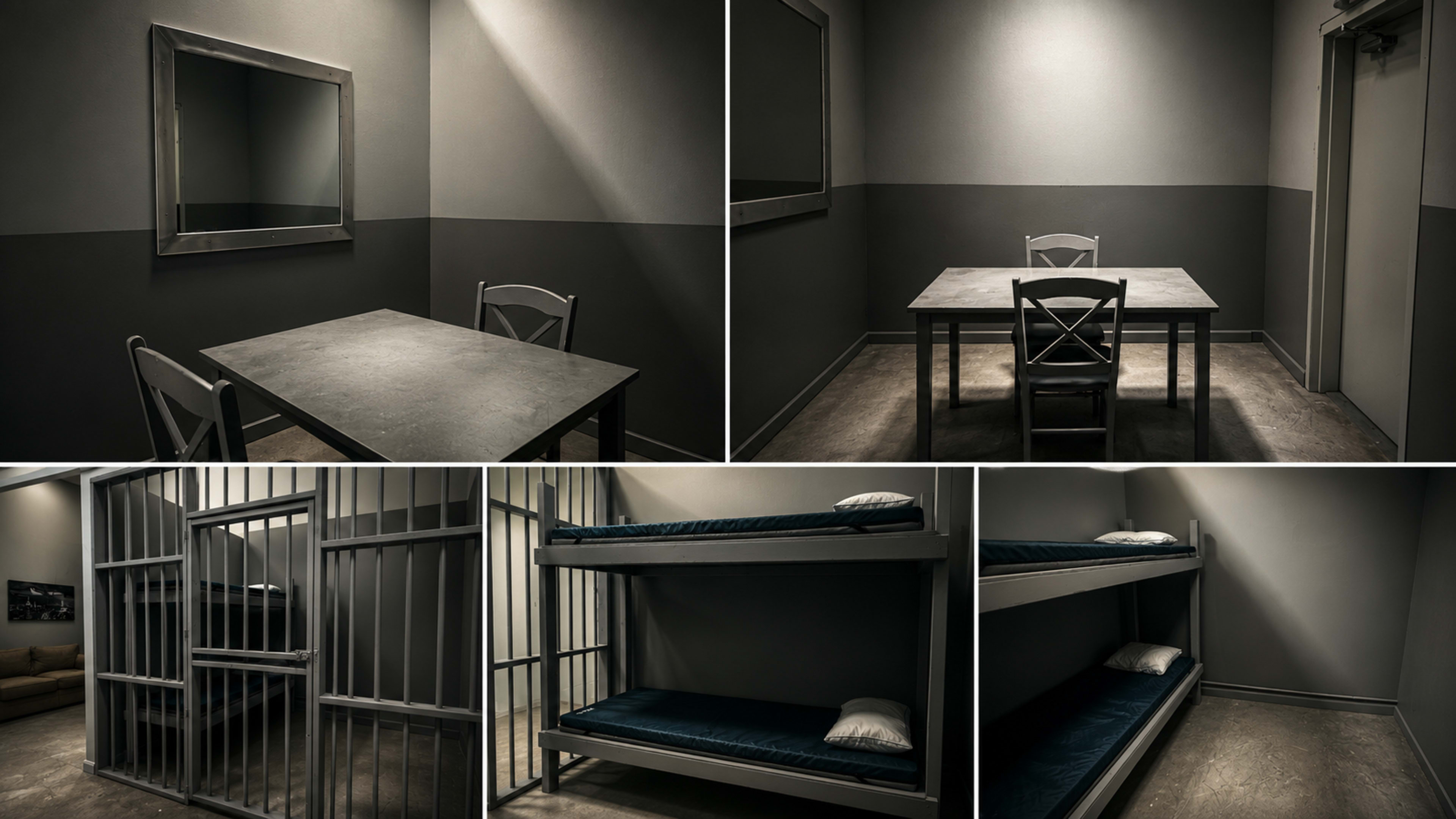 The image shows a dimly lit prison-themed room, featuring a table with a chair, a mirror, and a separate area with bunk beds and a barred cell.