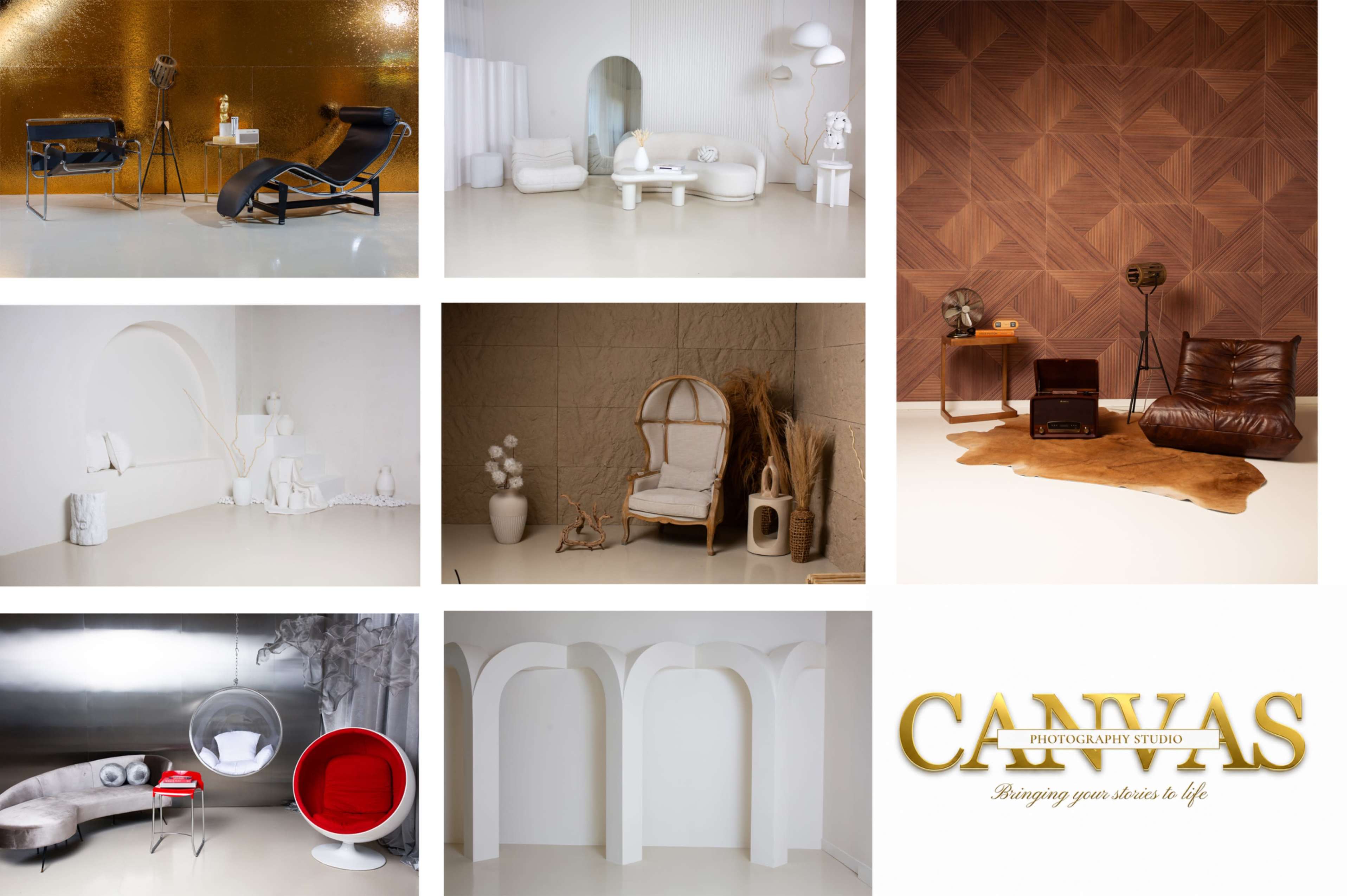 The image displays a collage of various modern interior scenes featuring minimalist furniture and decor elements in a photography studio setting.