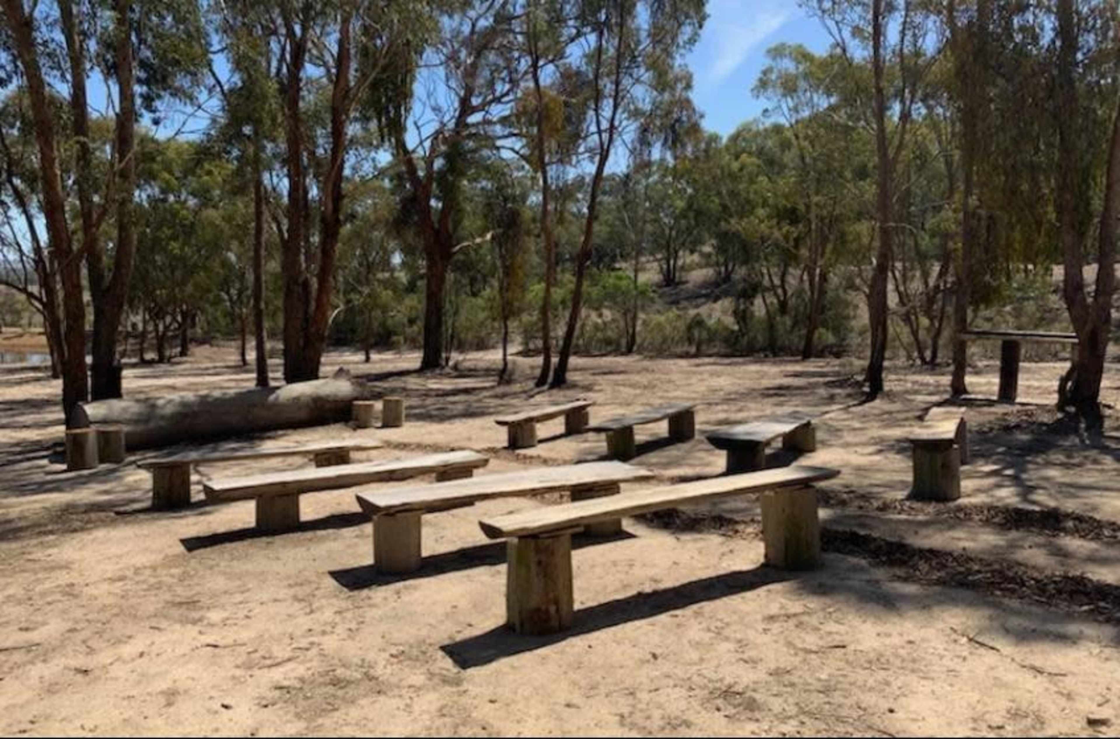 A rustic outdoor seating area with log benches and tables situated among trees in a sandy clearing.