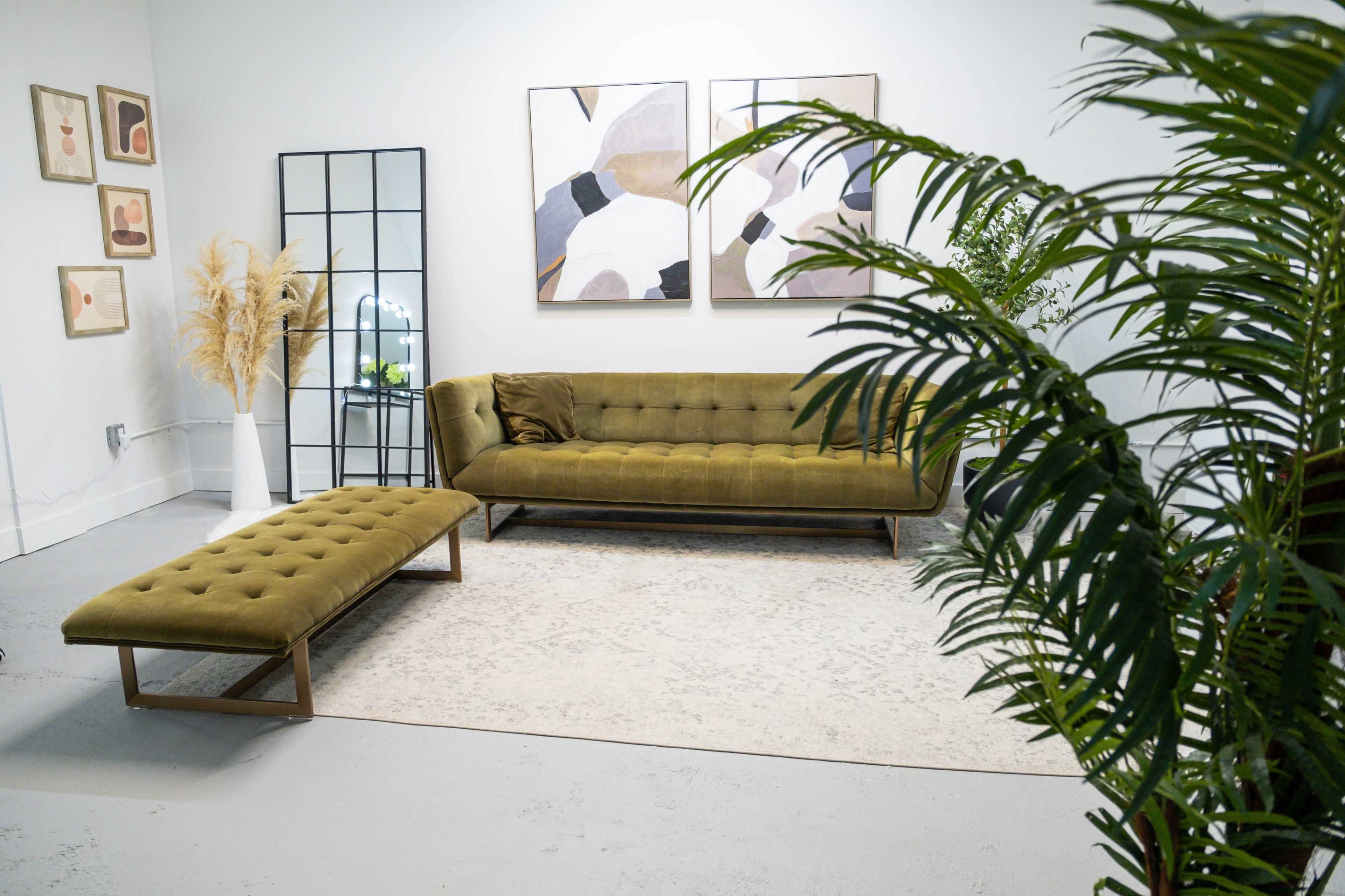 The scene features a modern living room with an olive green sofa and matching chaise lounge on a light-colored rug, surrounded by plants and artwork on the walls.