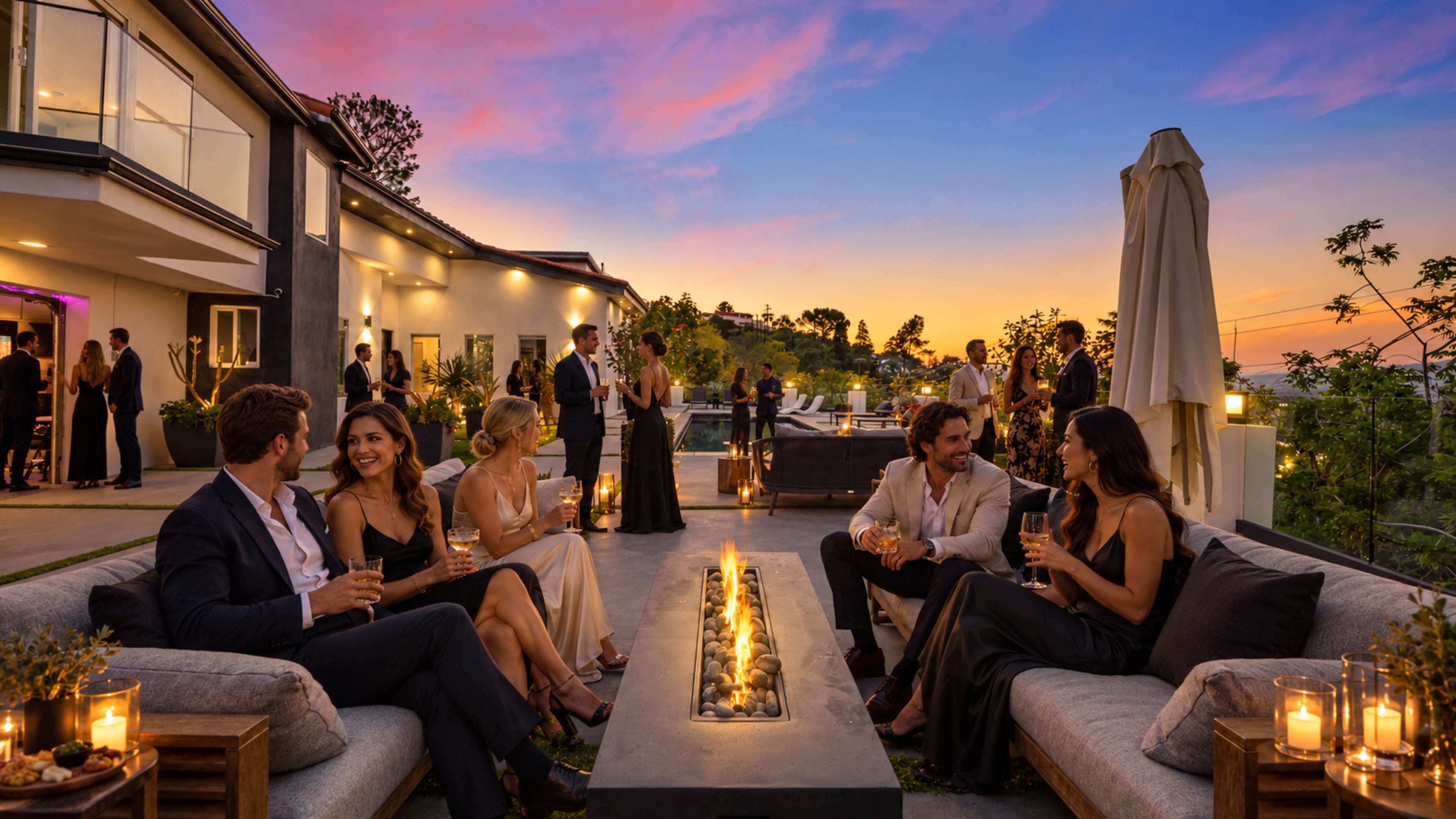 A group of elegantly dressed guests enjoys drinks around a fire pit on a stylish patio during sunset.