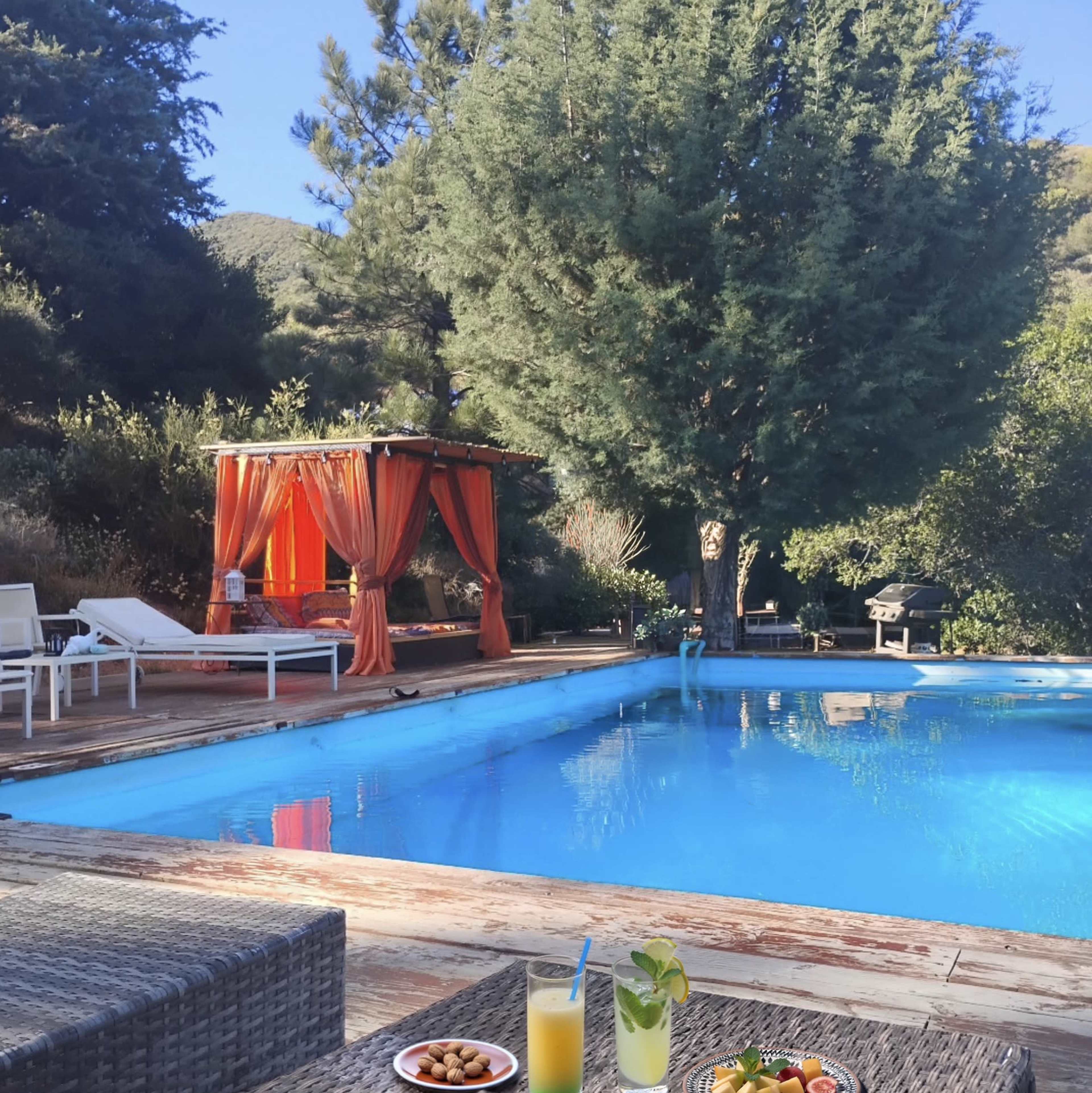 The scene features a swimming pool surrounded by wooden decking, lounge chairs, and a gazebo draped in fabric, with drinks and snacks on a table in the foreground.