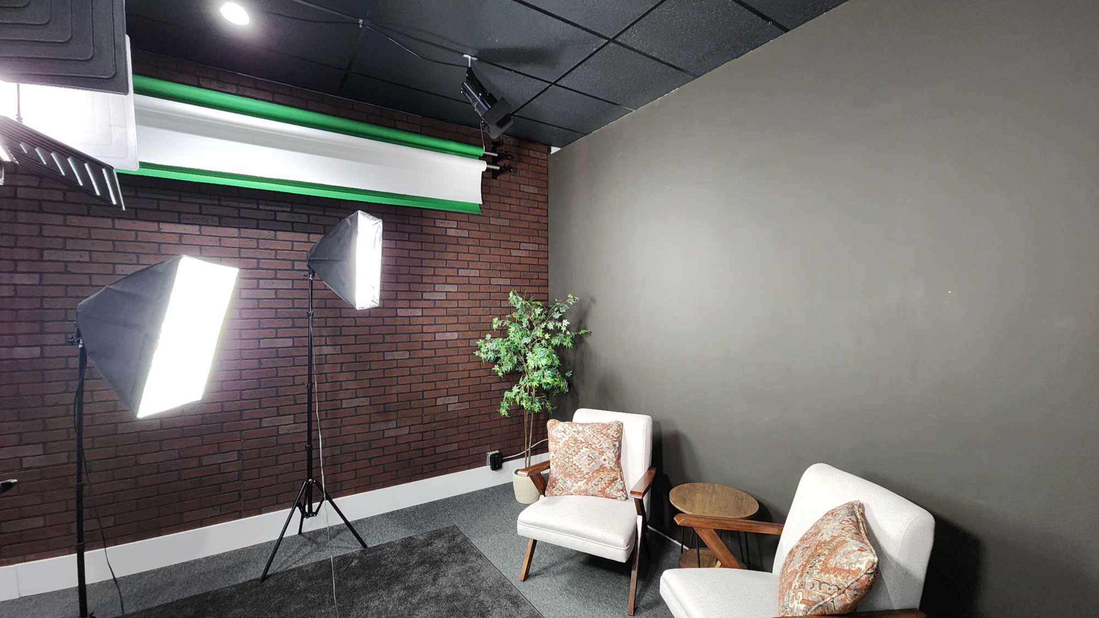 A studio setup featuring two armchairs with decorative cushions, a potted plant, and two bright lighting fixtures set against a dark brick wall.