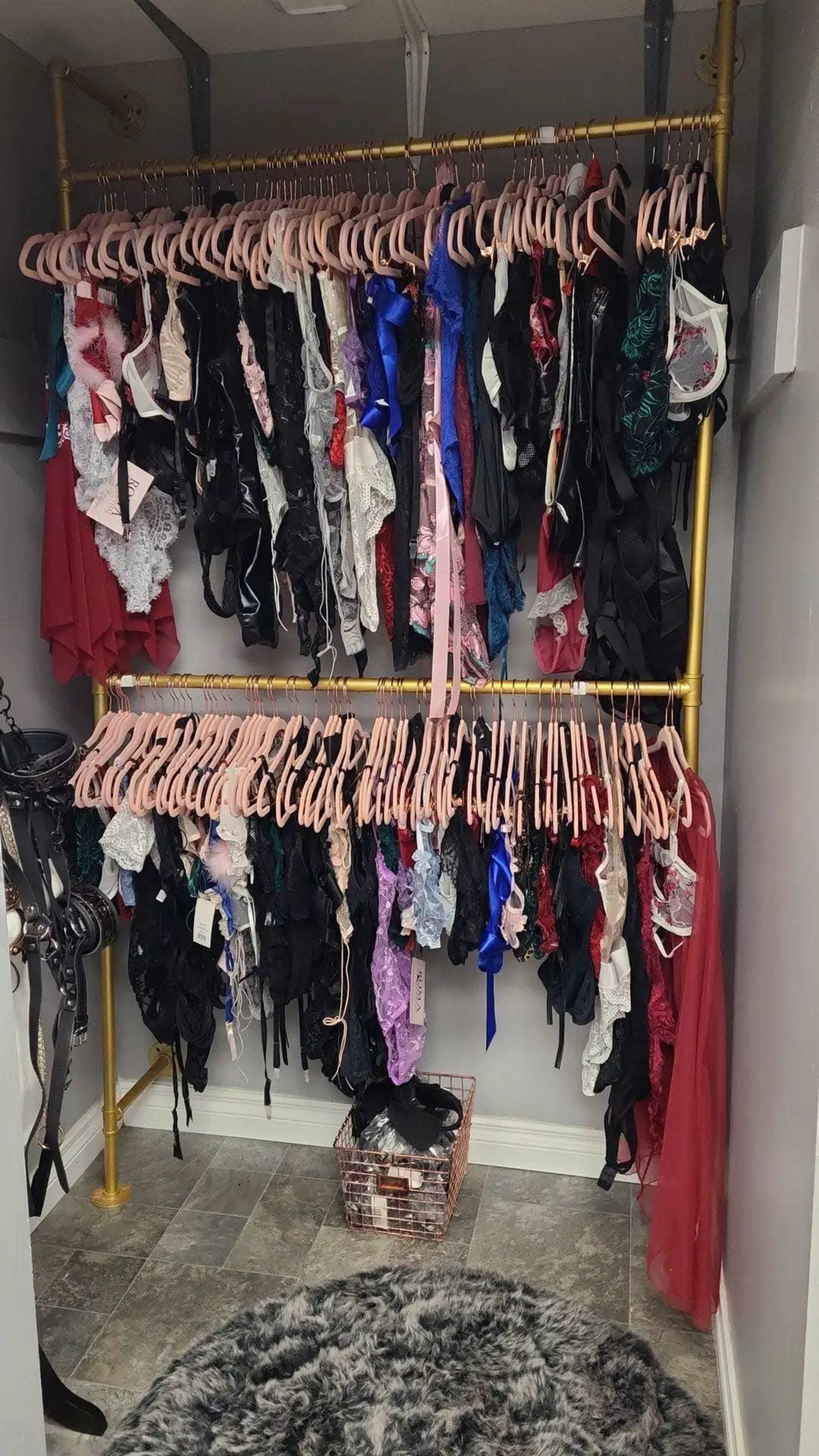The image shows a neatly organized closet with various pieces of lingerie hanging on pink hangers, arranged on gold racks against a wall.