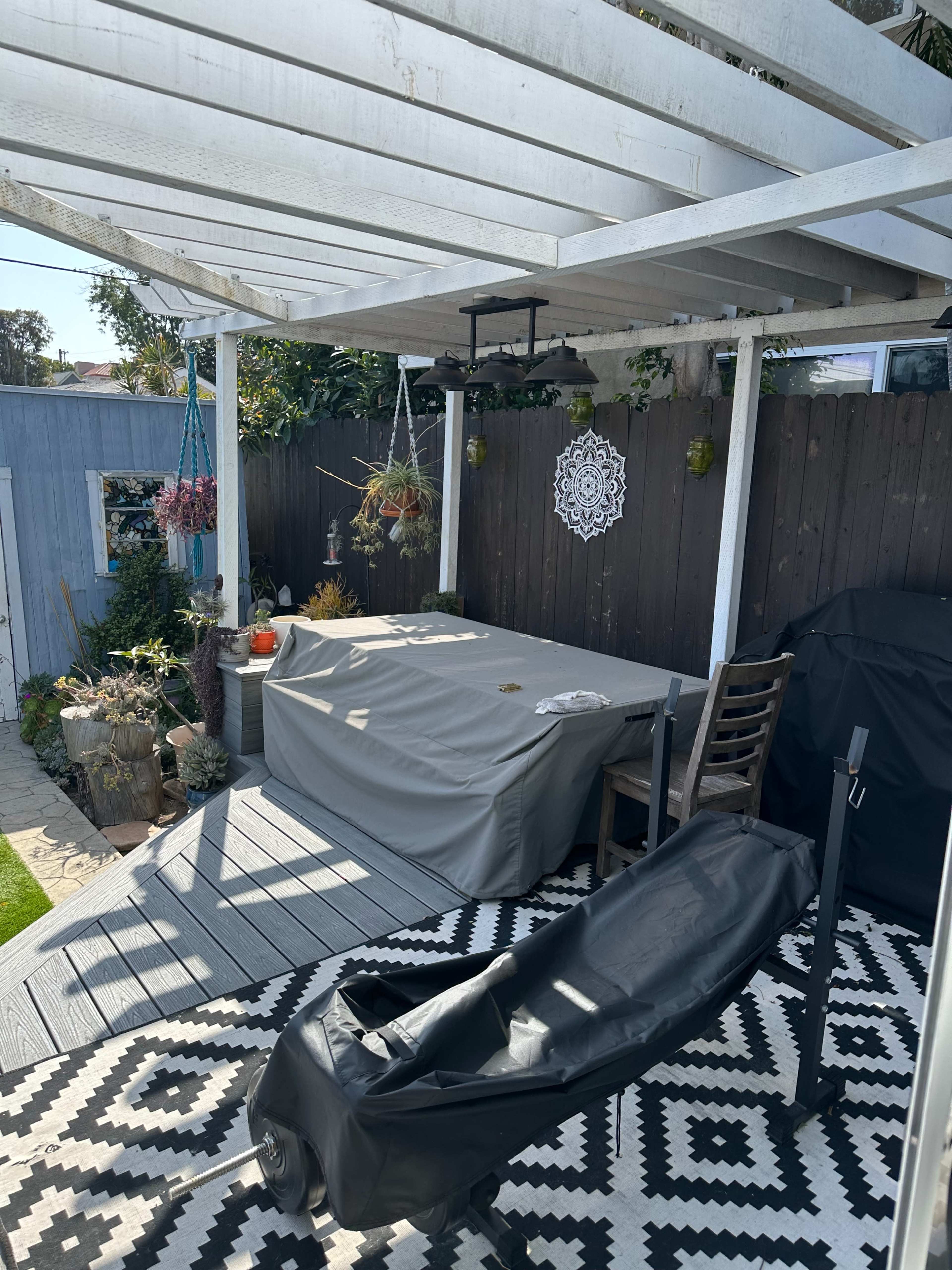 A covered patio area features a table and chairs, surrounded by potted plants, with a black and white patterned rug on the floor.