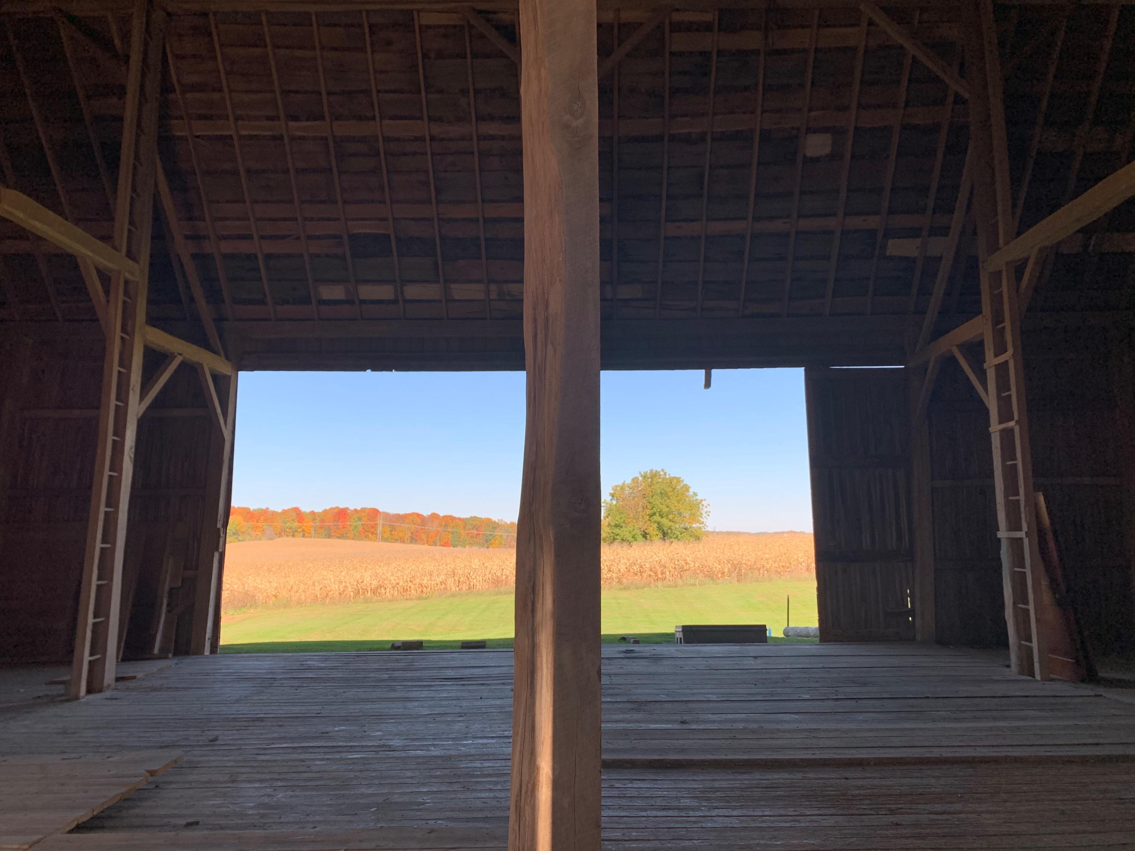 The interior of a barn features two open doors framing a view of a field with autumn-colored trees in the background.