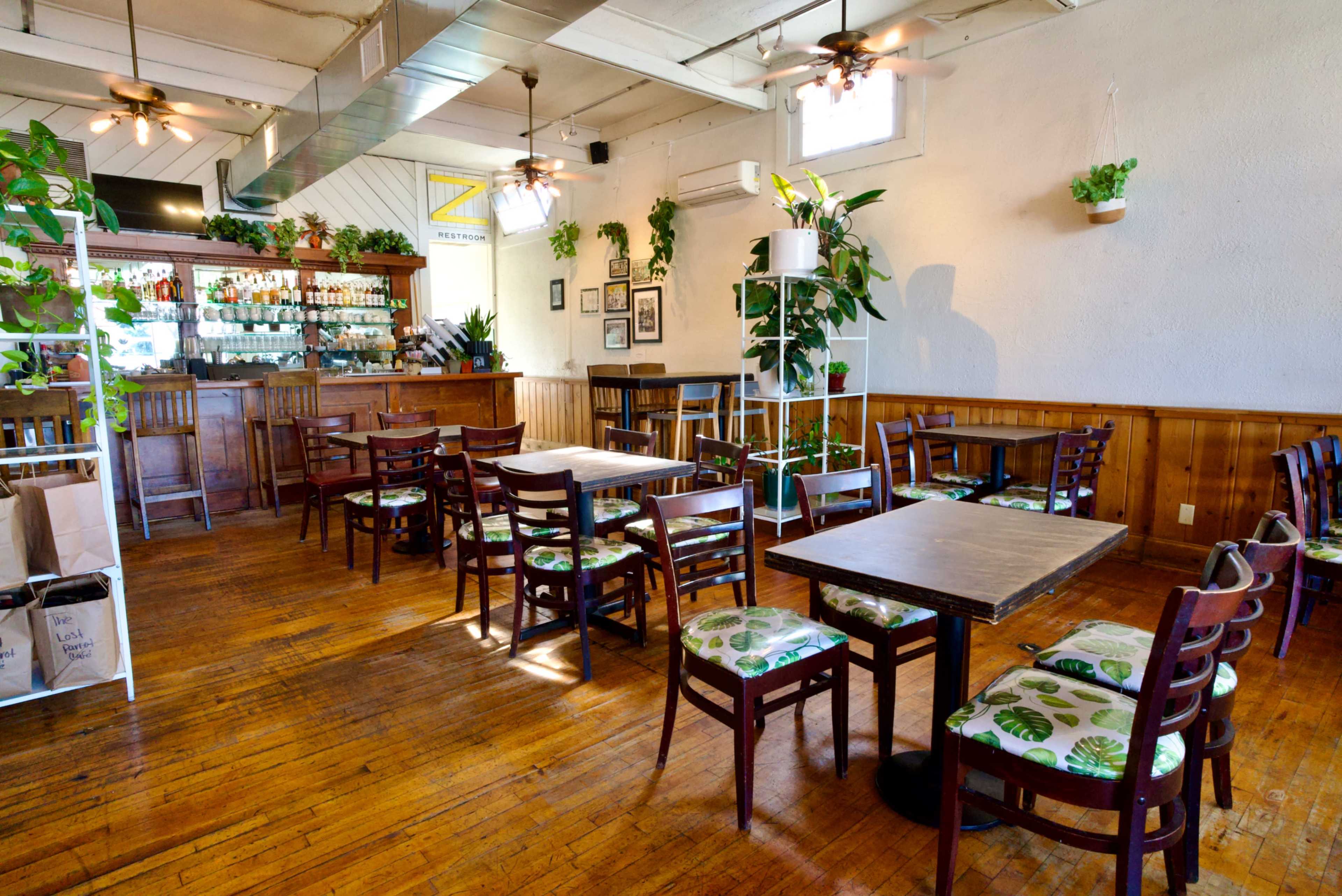 The image shows a cozy café interior with wooden floors, green plant decor, and tables arranged for dining.