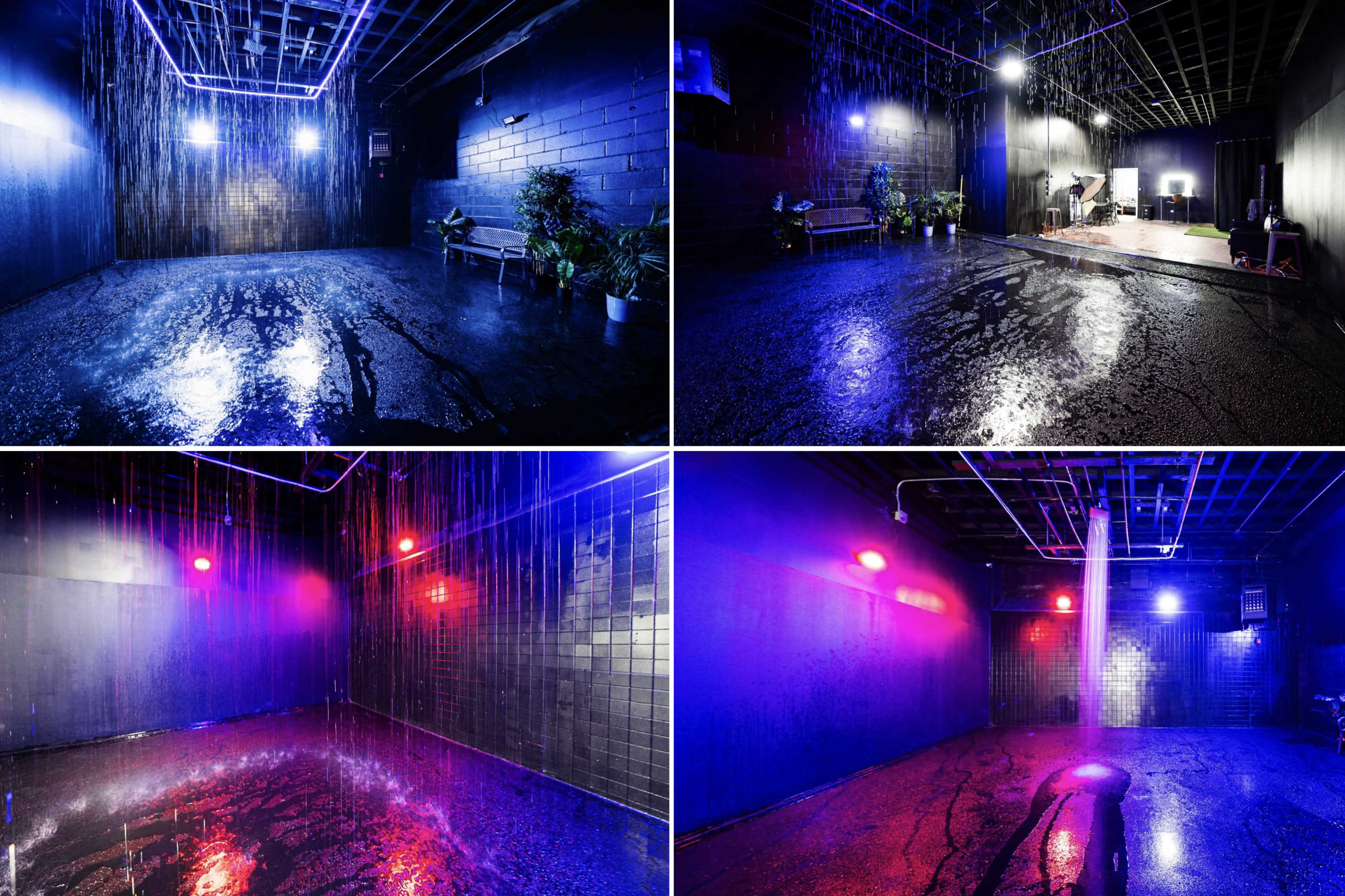 A dimly lit room with wet, reflective floors, illuminated by blue and purple lights, and featuring sparse furniture and plants along the walls.