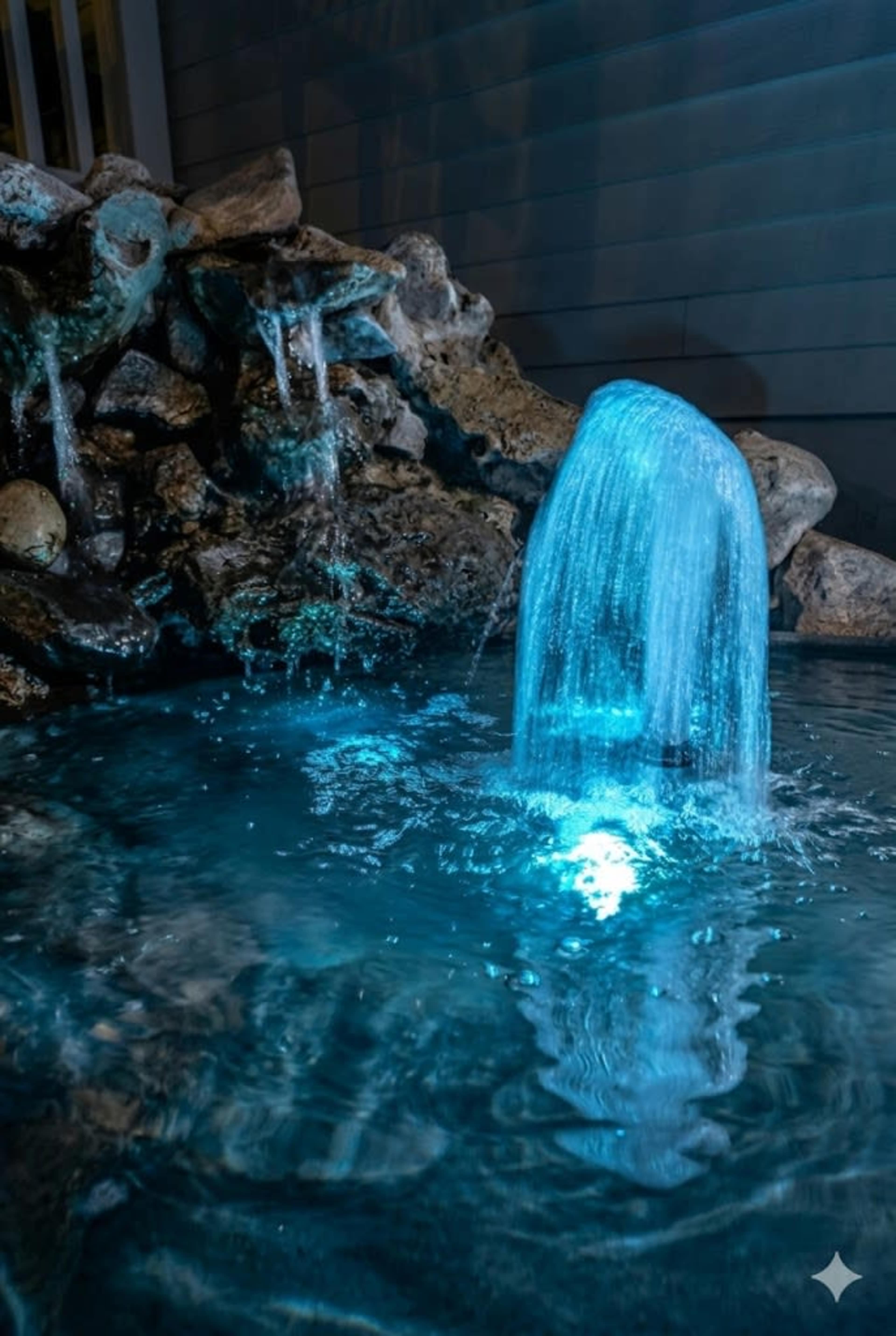 A fountain sends water cascading over rocks into a lit, blue-tinted pool.